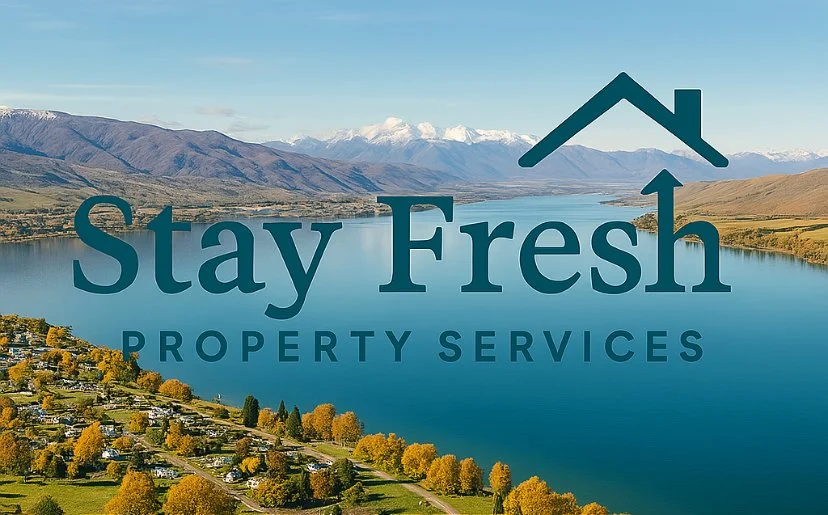 A scenic landscape with a lake, mountains, and trees, overlaid with the text 'Stay Fresh Property Services' and a house icon.