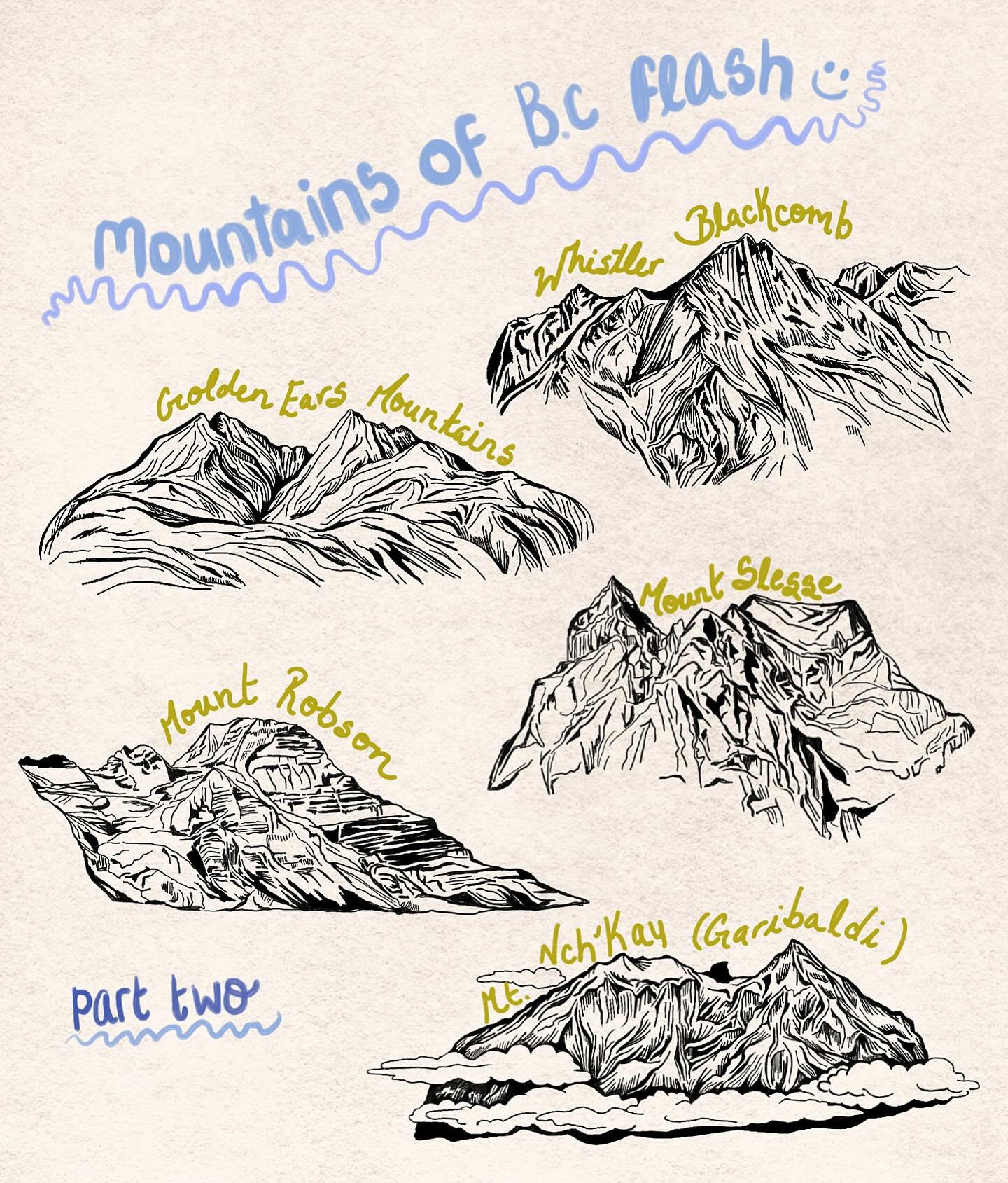 As promised, here is volume ✌️ of my B.C mountain flash. Huge shout out to everyone who messaged and commented their suggestions! I still have volume three in the works, so if you don&rsquo;t see your mtn here, keep an eye out 🫡👀
🏔️ $100-$120 each