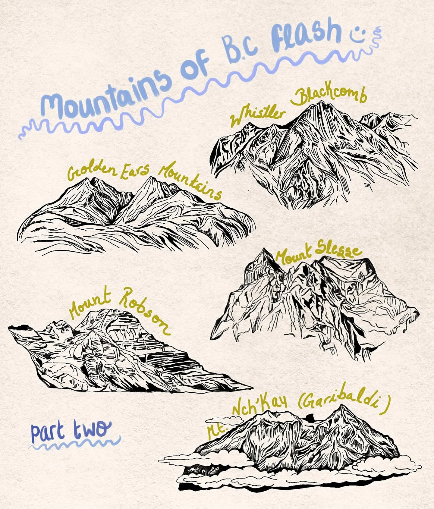 As promised, here is volume ✌️ of my B.C mountain flash. Huge shout out to everyone who messaged and commented their suggestions! I still have volume three in the works, so if you don&rsquo;t see your mtn here, keep an eye out 🫡👀
🏔️ $100-$120 each