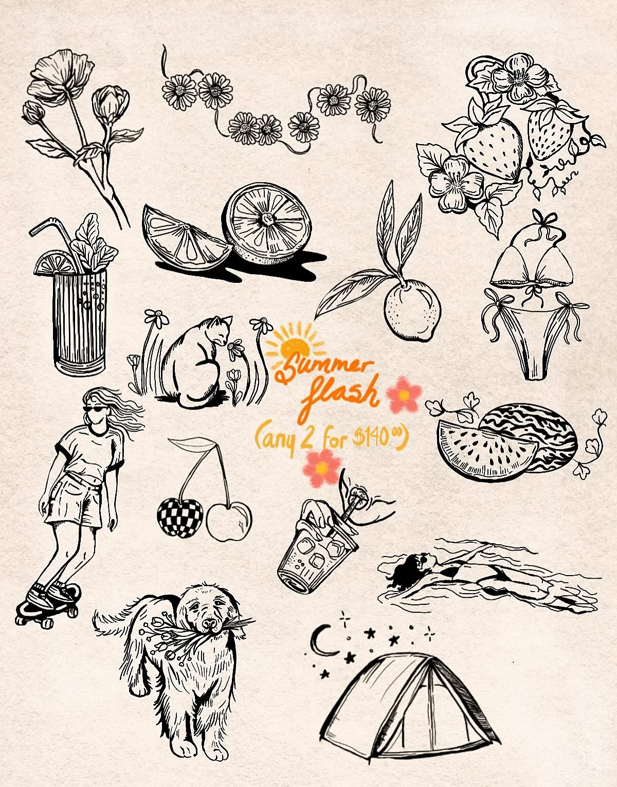 Summer flash sheet 🌞🌞 any two for $140 🌷🌷 prices marked otherwise. I know summer is an awkward time for tattoo aftercare, so think placements that are still easiest to keep covered while your design heals (thighs, hips, shoulders, ankles, you get