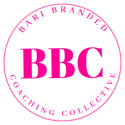 Black circular logo with pink text stating 'Bari Branded Coaching Collective' and the large pink letters 'BBC' in the center.