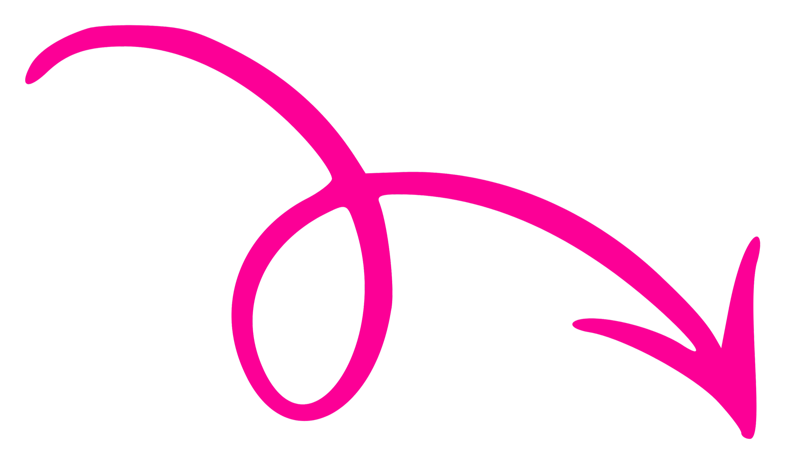 Pink arrow on a black background pointing downward and slightly to the right.
