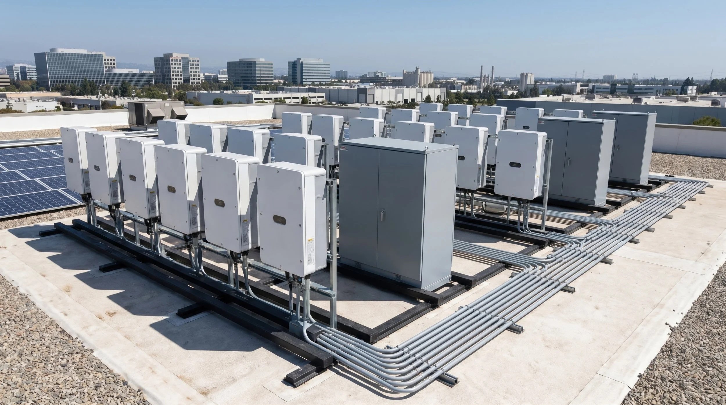 Commercial rooftop solar inverters and electrical infrastructure installed on an industrial building, representing utility-scale energy systems for mid-size manufacturers.