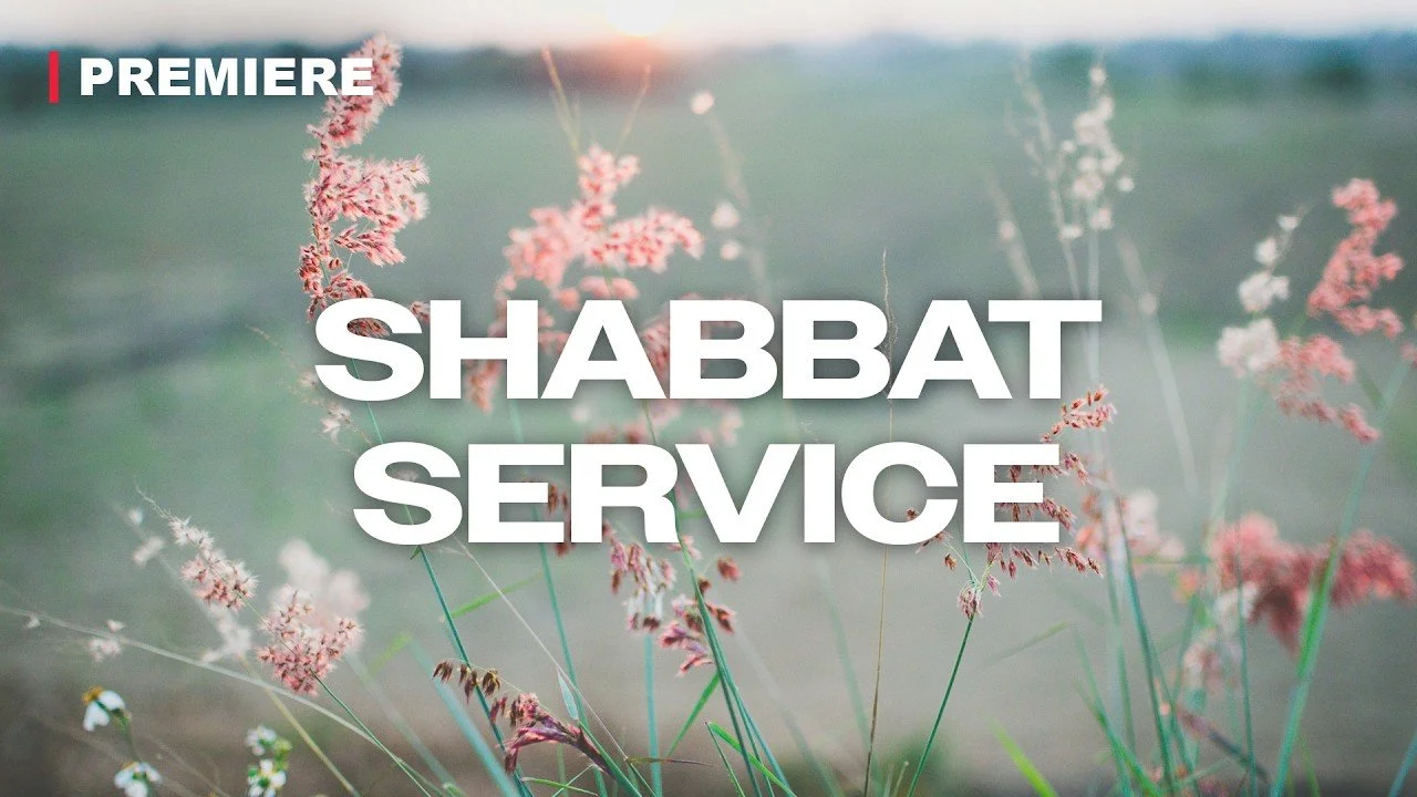 Premiere - Shabbat Service - Green background with pink flowers.