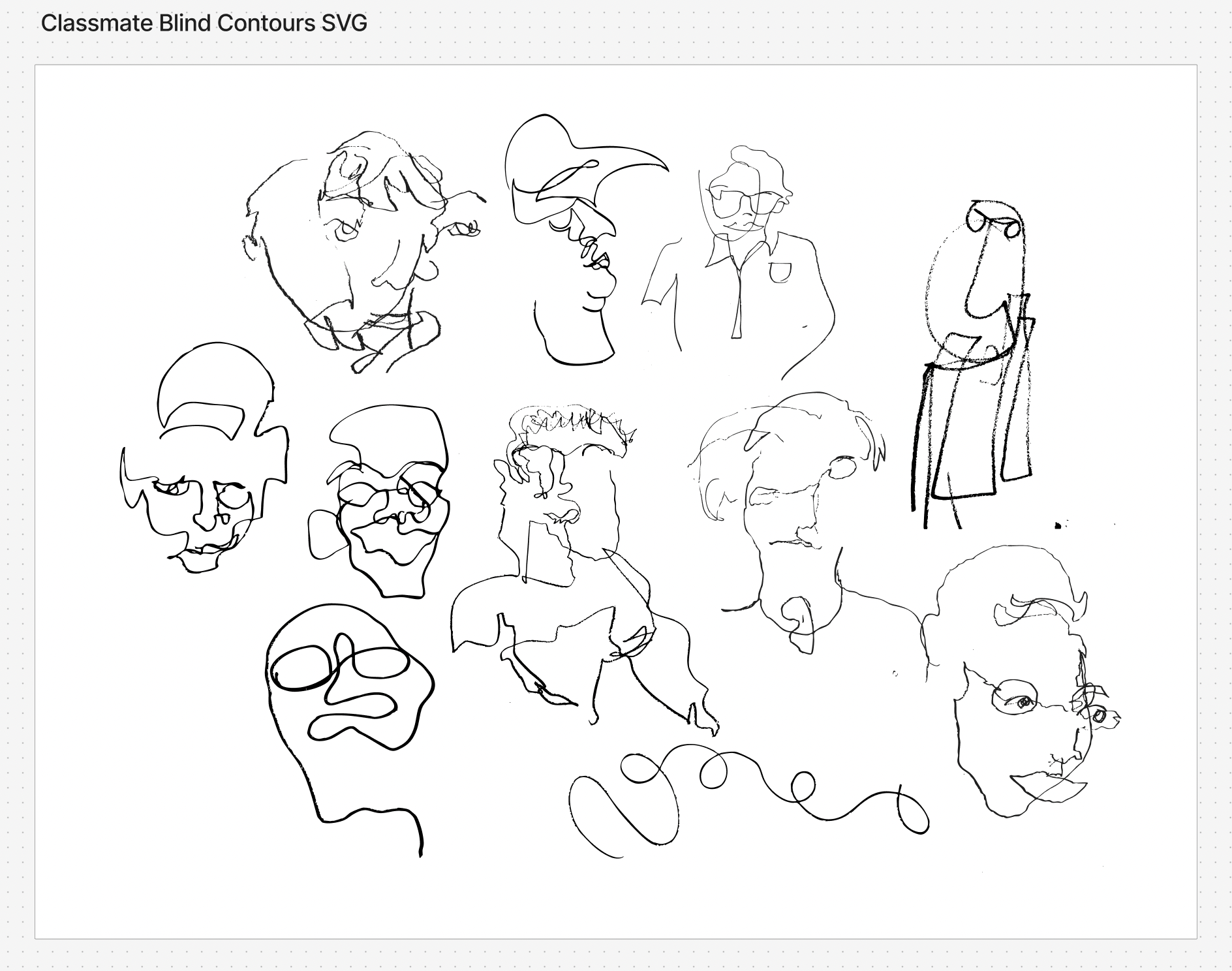 We realized we were missing organic line, so we asked our classmates to make blind contour drawings of each other and turned them into SVGs