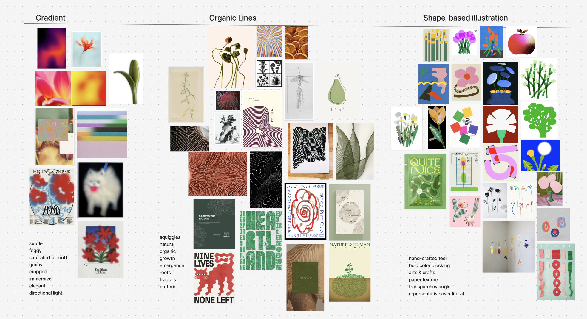 Three core design elements emerged: gradient, organic line, and shape-based illustration