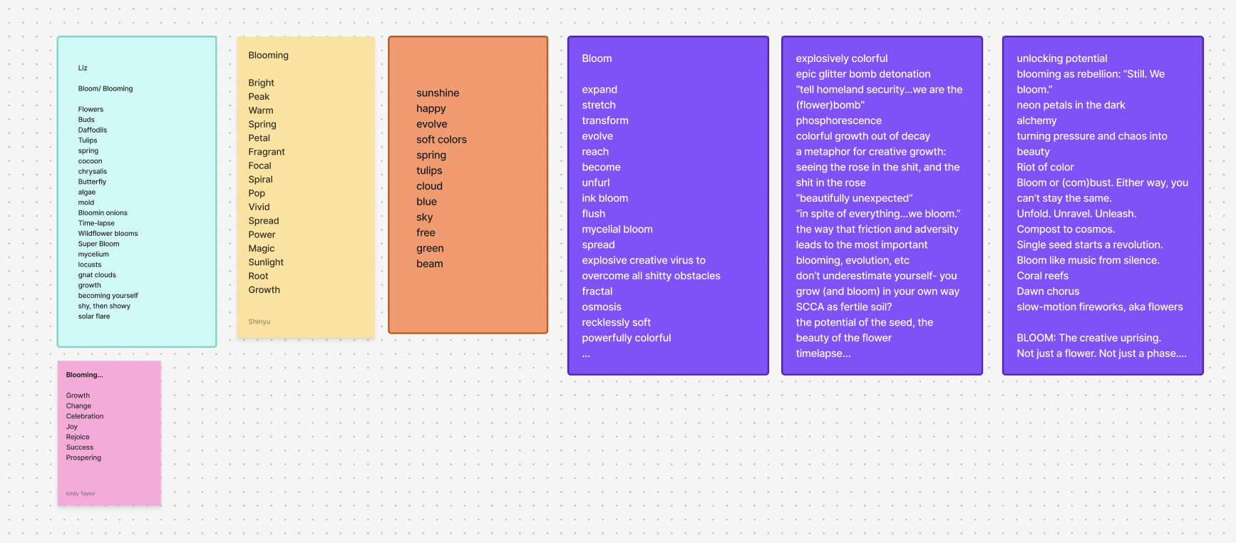 We started with a brainstorm and free association on the word bloom