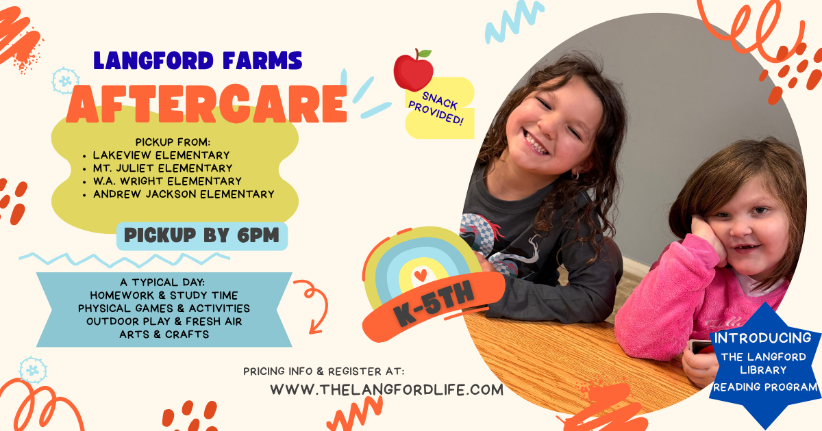 Colorful flyer for Langford Farms aftercare program featuring a photo of two smiling young girls at a table, with text about pickup locations, times, activities, and snack provided, aimed at K-5th grade students.
