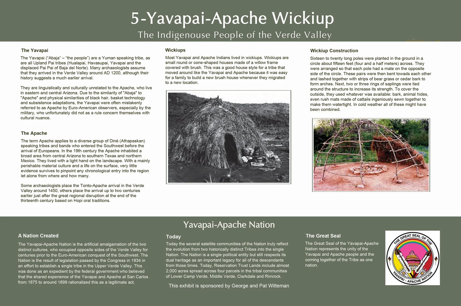 Informational panel about Yavapai-Apache Wickiup, including text on the Yavapai and Apache tribes, construction of wickups, and photos of a completed wickiup and its frame. Includes information about the Yavapai-Apache Nation and its Great Seal.
