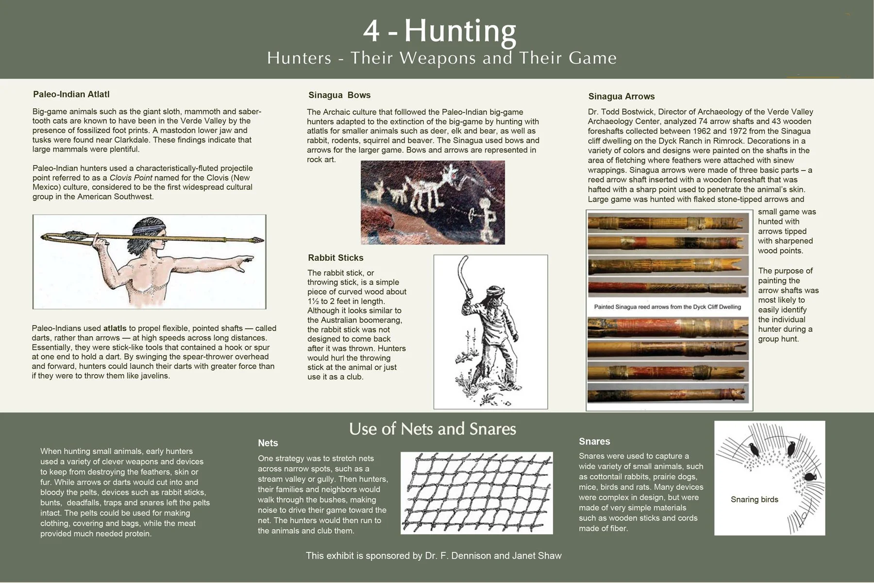 Educational panel on hunting tools used by Paleo-Indians and Sinagua people, including the atlatl, bow and arrow, rabbit sticks, nets, and snares. Illustrations and descriptions highlight their use in hunting large and small game like deer, elk, rabbit, and squirrel. Sponsored by Dr. F. Dennison and Janet Shaw.