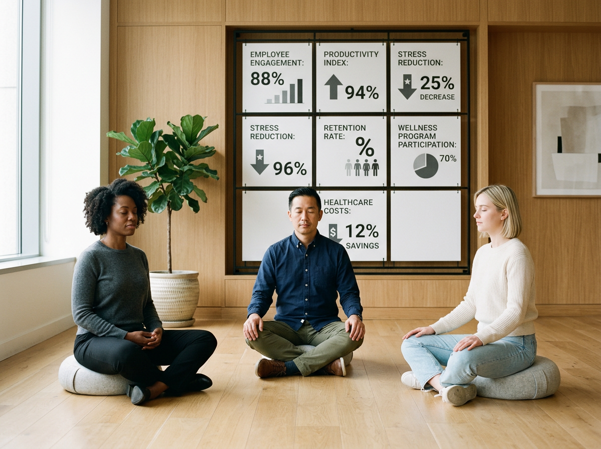 diverse team meditating with wellness metrics behind them wellness expert, executive coaching, corporate wellness program, wellness consulting, executive resilience coaching, workplace burnout prevention, leadership development, mindfulness training