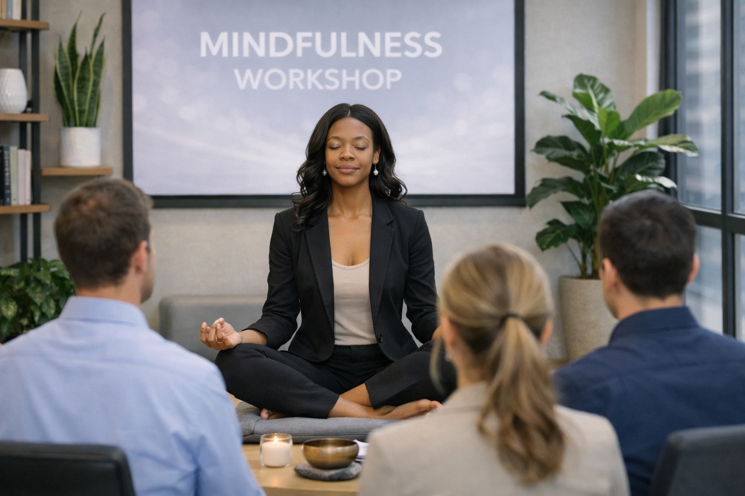 woman facilitating a team meditating in a mindfulness workshop in NYC office wellness expert, executive coaching, corporate wellness program, wellness consulting, executive resilience coaching, workplace burnout prevention, leadership development