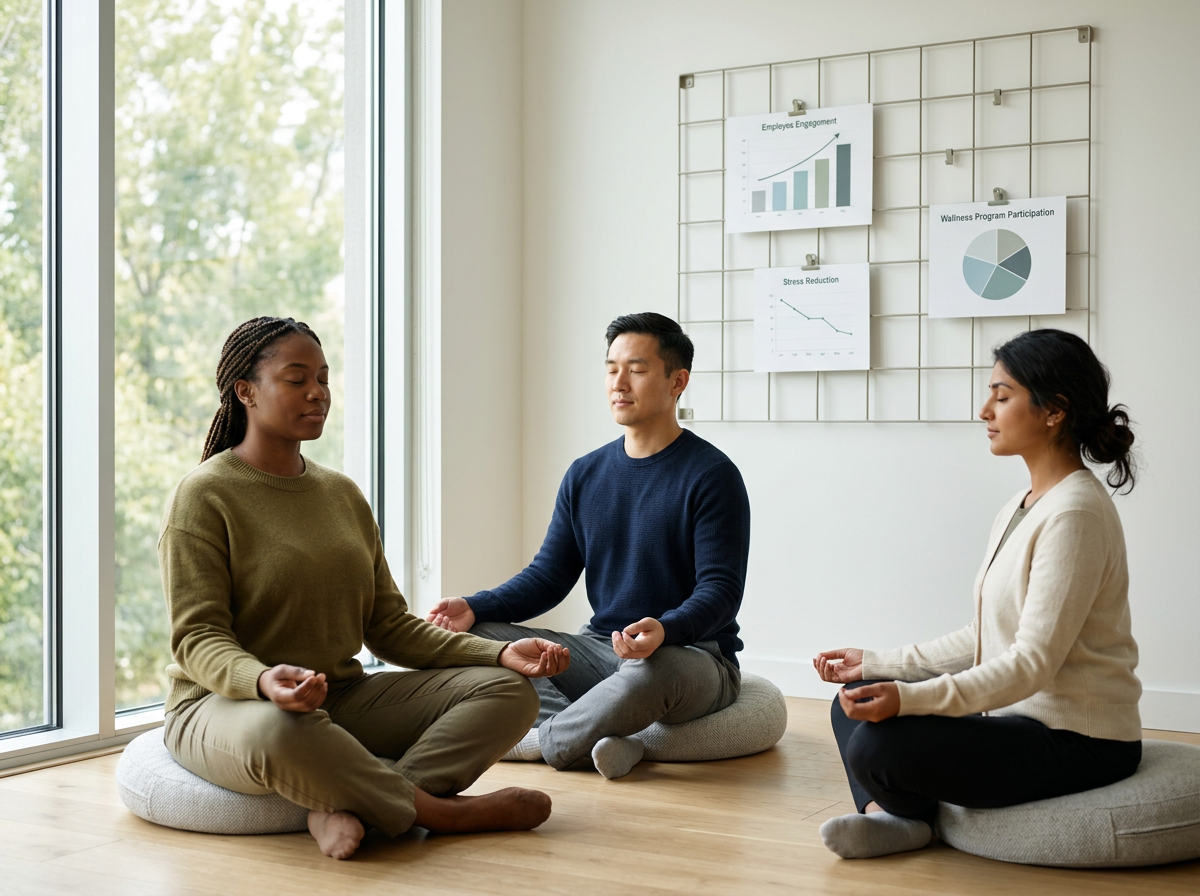 Corporate wellness program mindfulness and resilience training for scaling teams, leaders meditating at work to regulate nervous system and manage stress, leadership development for executives, group executive coaching