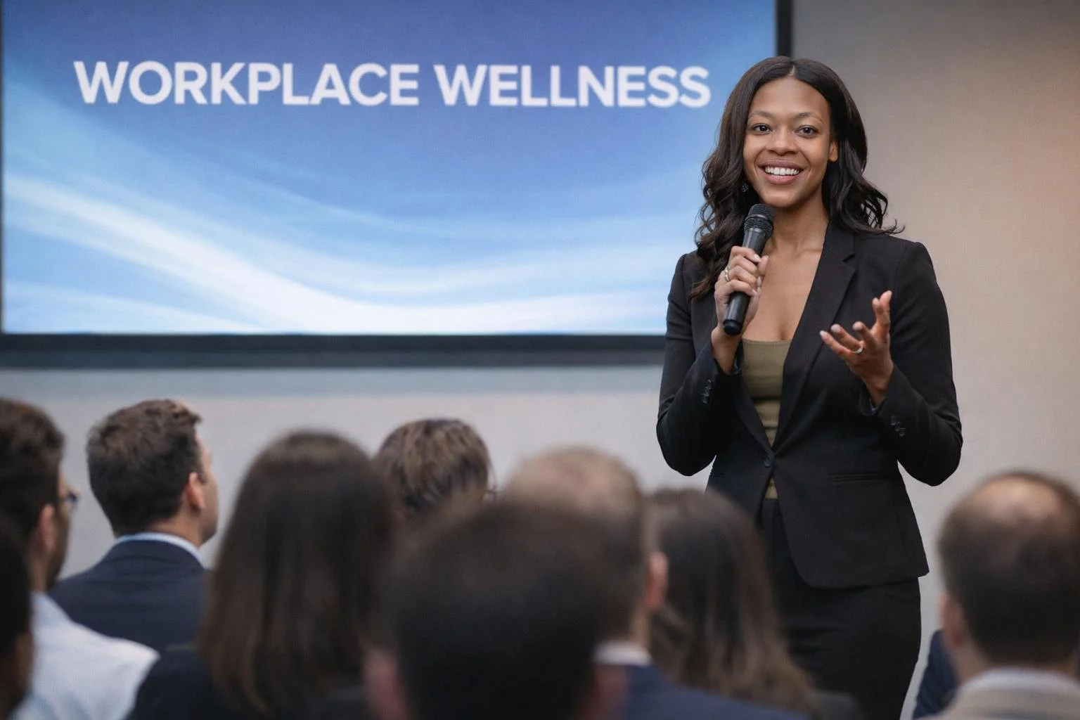 business woman speaking to audience of executives on workplace wellness wellness expert, executive coaching, corporate wellness program, wellness consulting, executive resilience coaching, workplace burnout prevention, leadership development