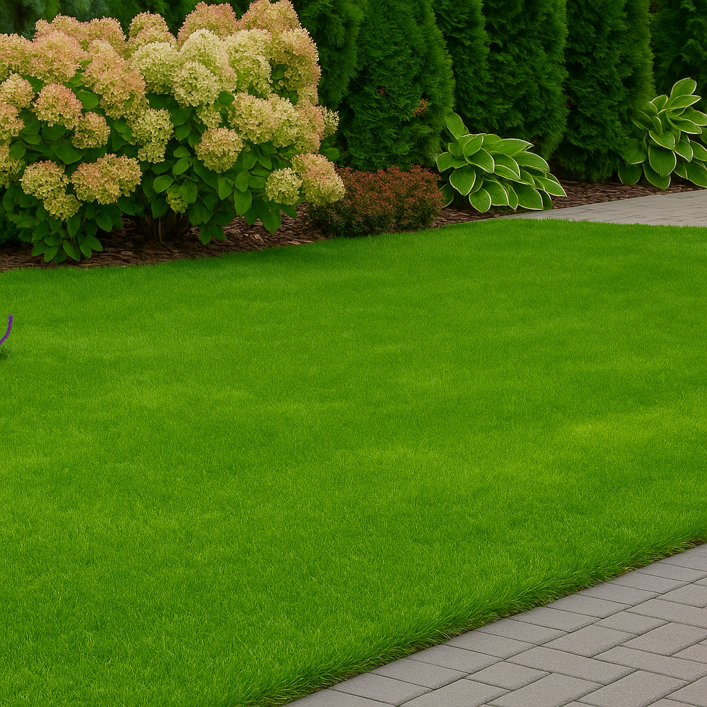 Well-maintained green lawn bordered by various shrubs and plants, with a curved stone pathway on the right.