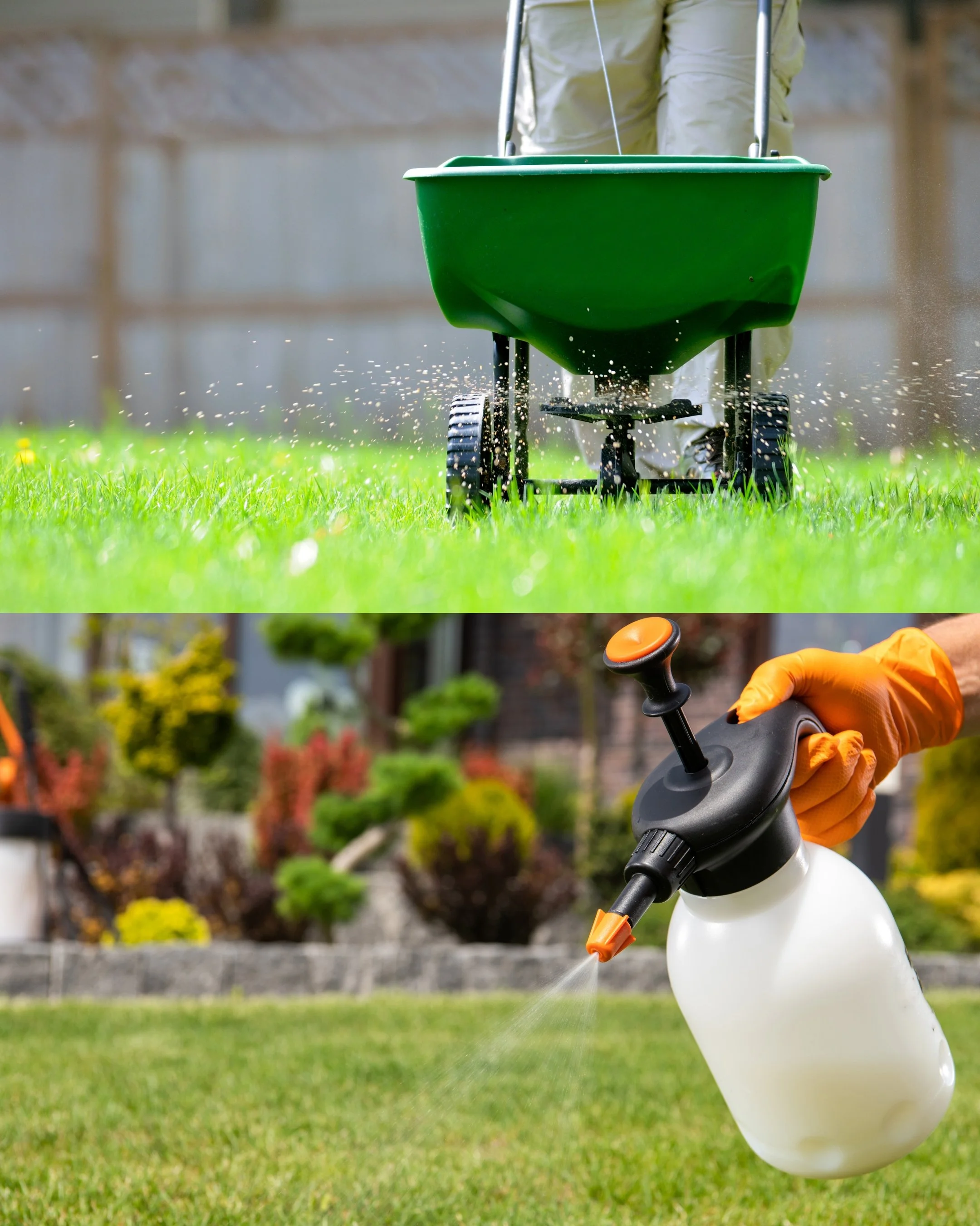 The top image shows a person pushing a green wheelbarrow across a grassy lawn. The bottom image shows a hand wearing an orange glove holding a spray bottle, watering a lawn with a garden background.