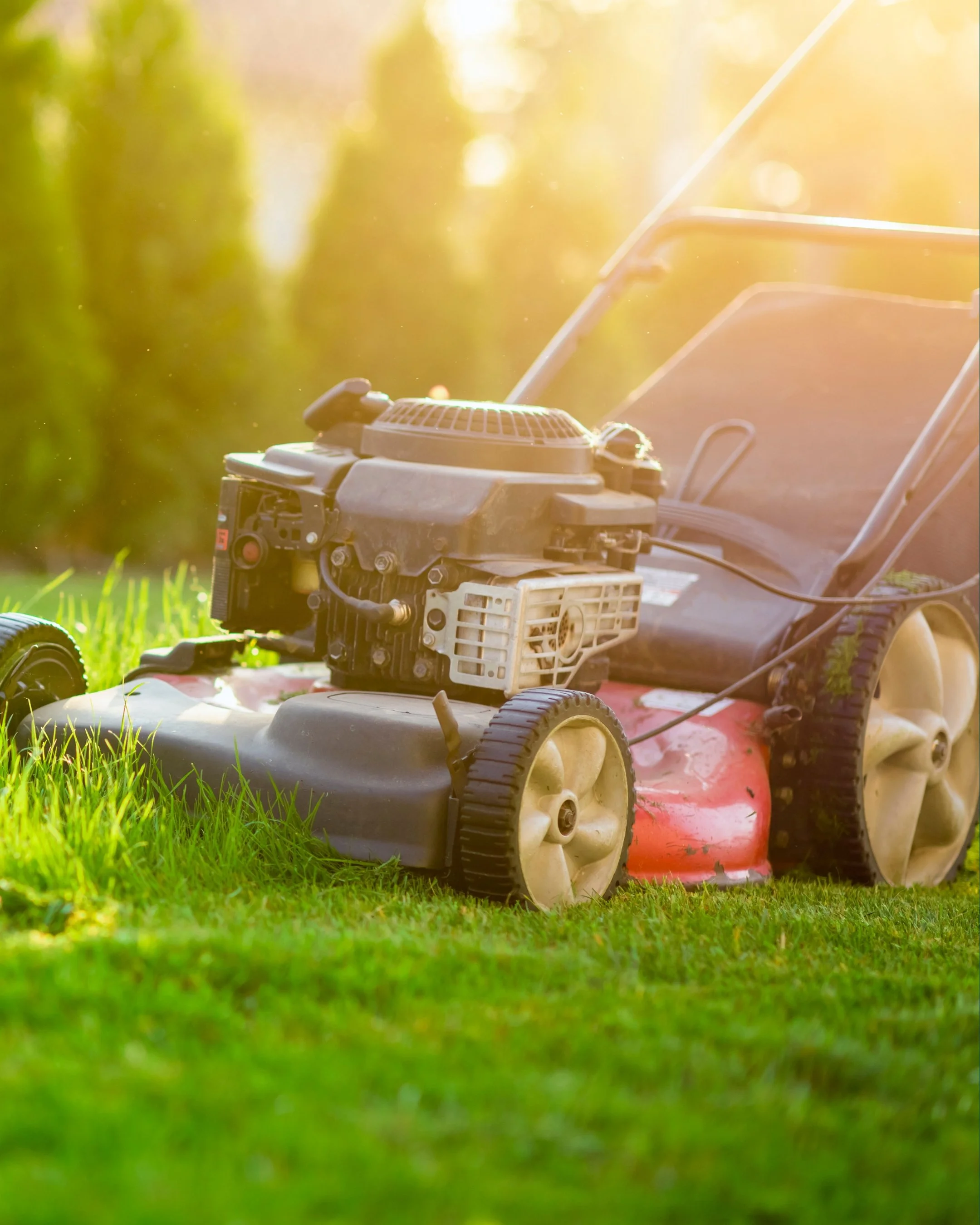 Lawn mower on grass in sunlight.