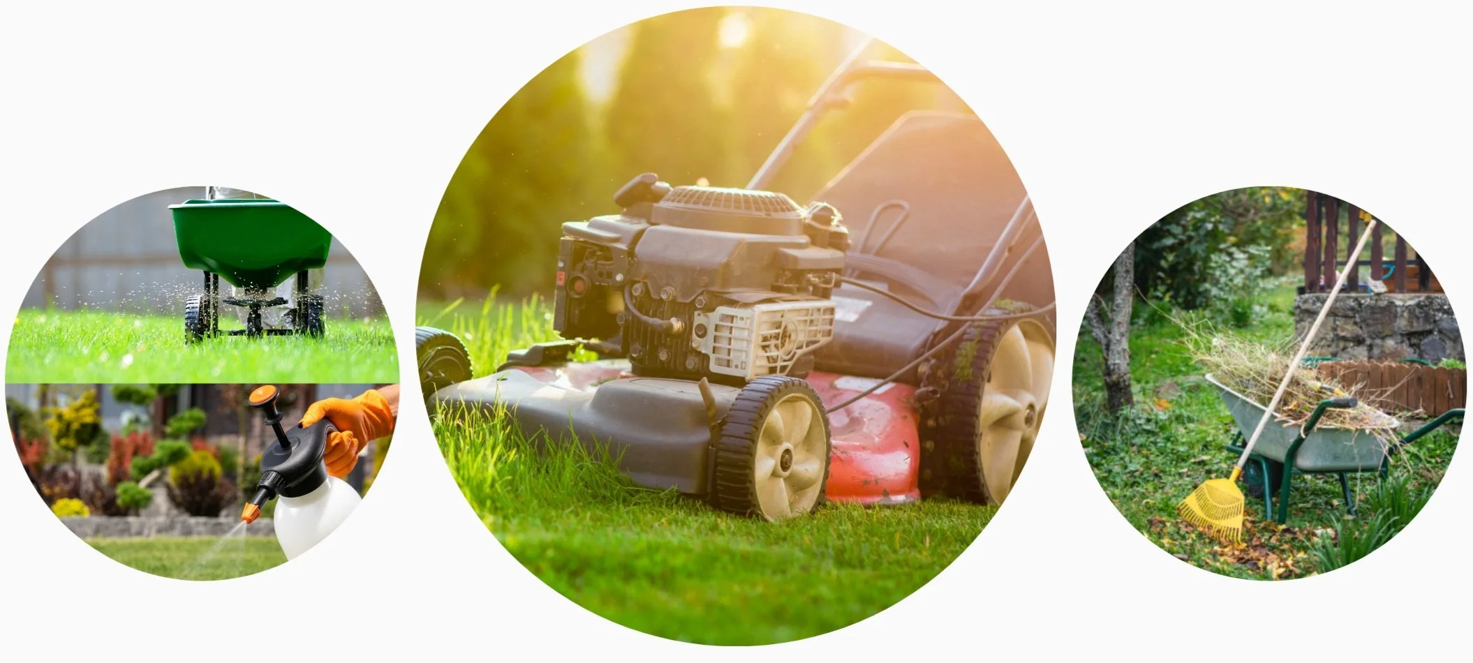 Collage of garden tools and equipment including a green spreader, a lawnmower, a garden rake, and a watering spray bottle.