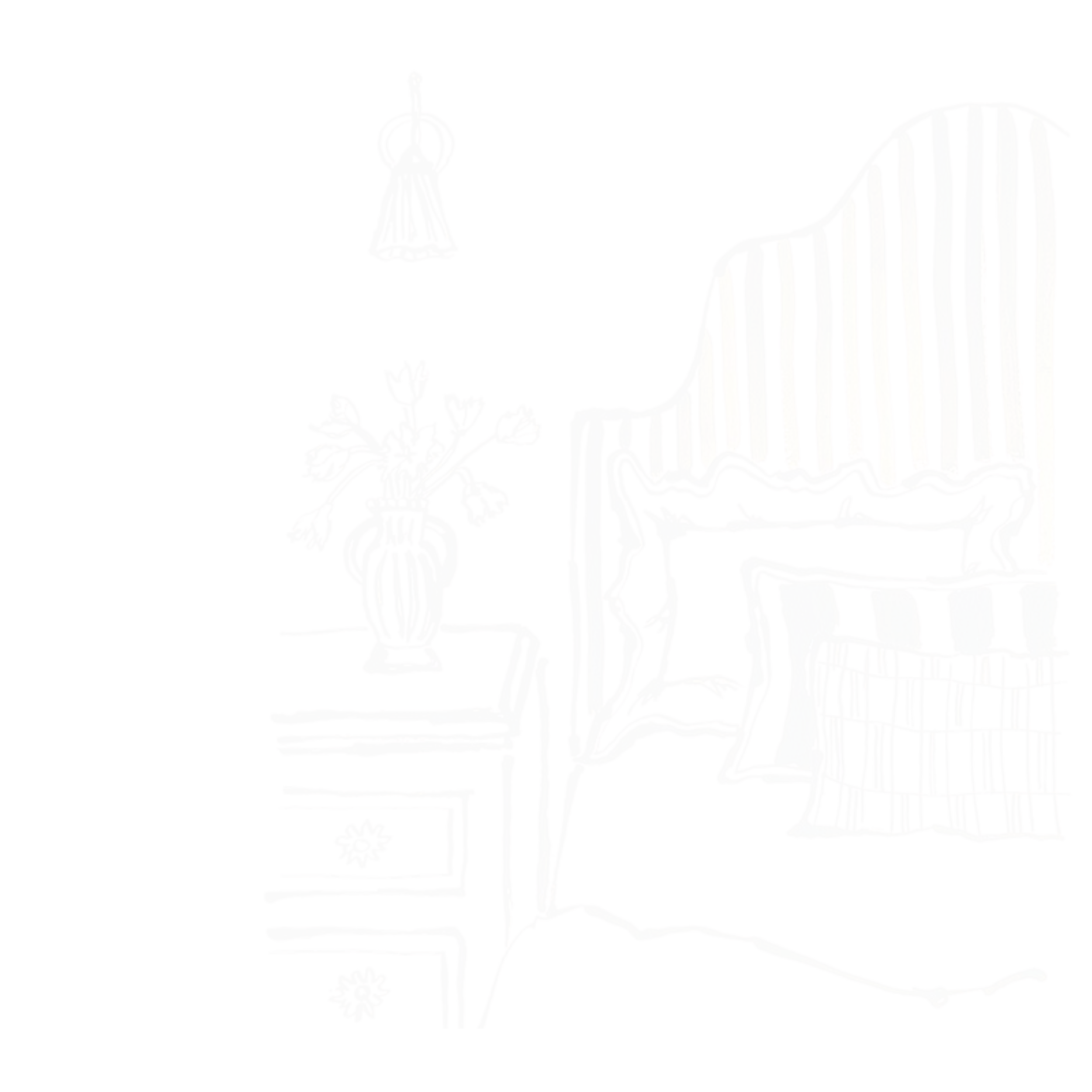 Sketch of a bedroom with a bed, pillows, striped headboard, nightstand with a vase of flowers, and a hanging bell.