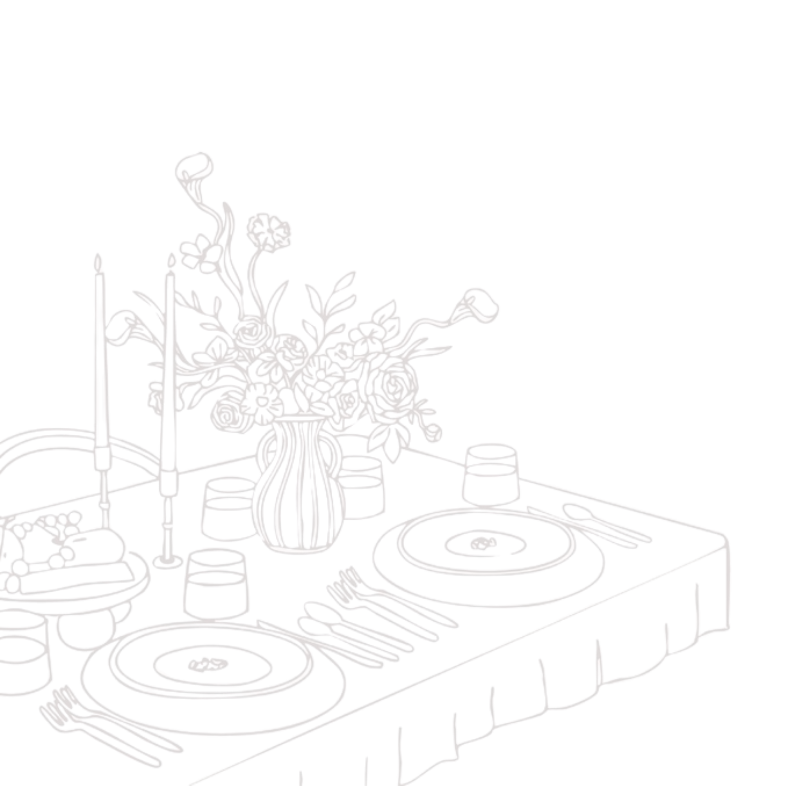 A dining table set with two plates, cutlery, wine glasses, a bottle of wine, and a vase with flowers.
