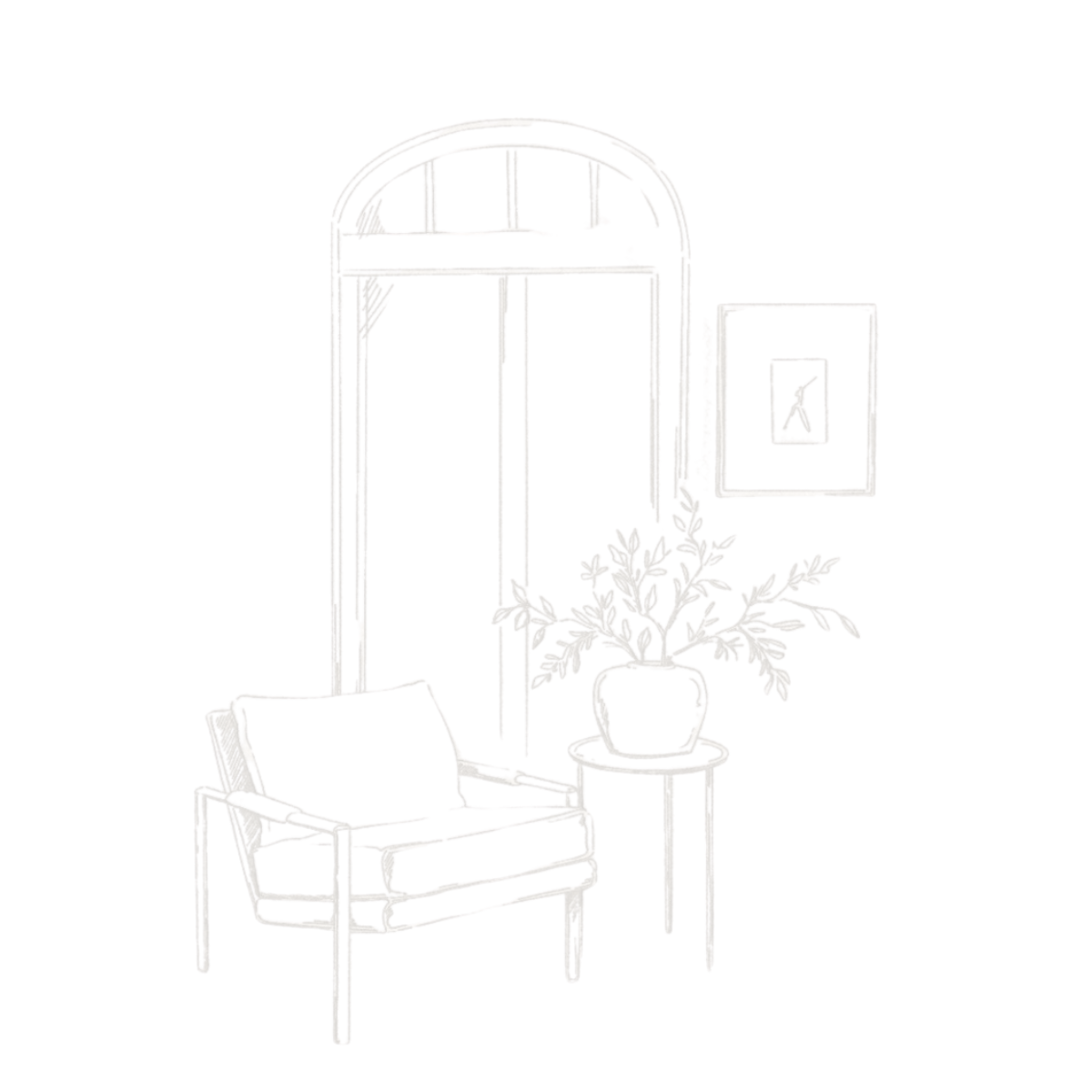 Line drawing of a cozy indoor corner featuring a vintage armchair, a small side table with a potted plant, a window with a rounded top, and a framed picture on the wall