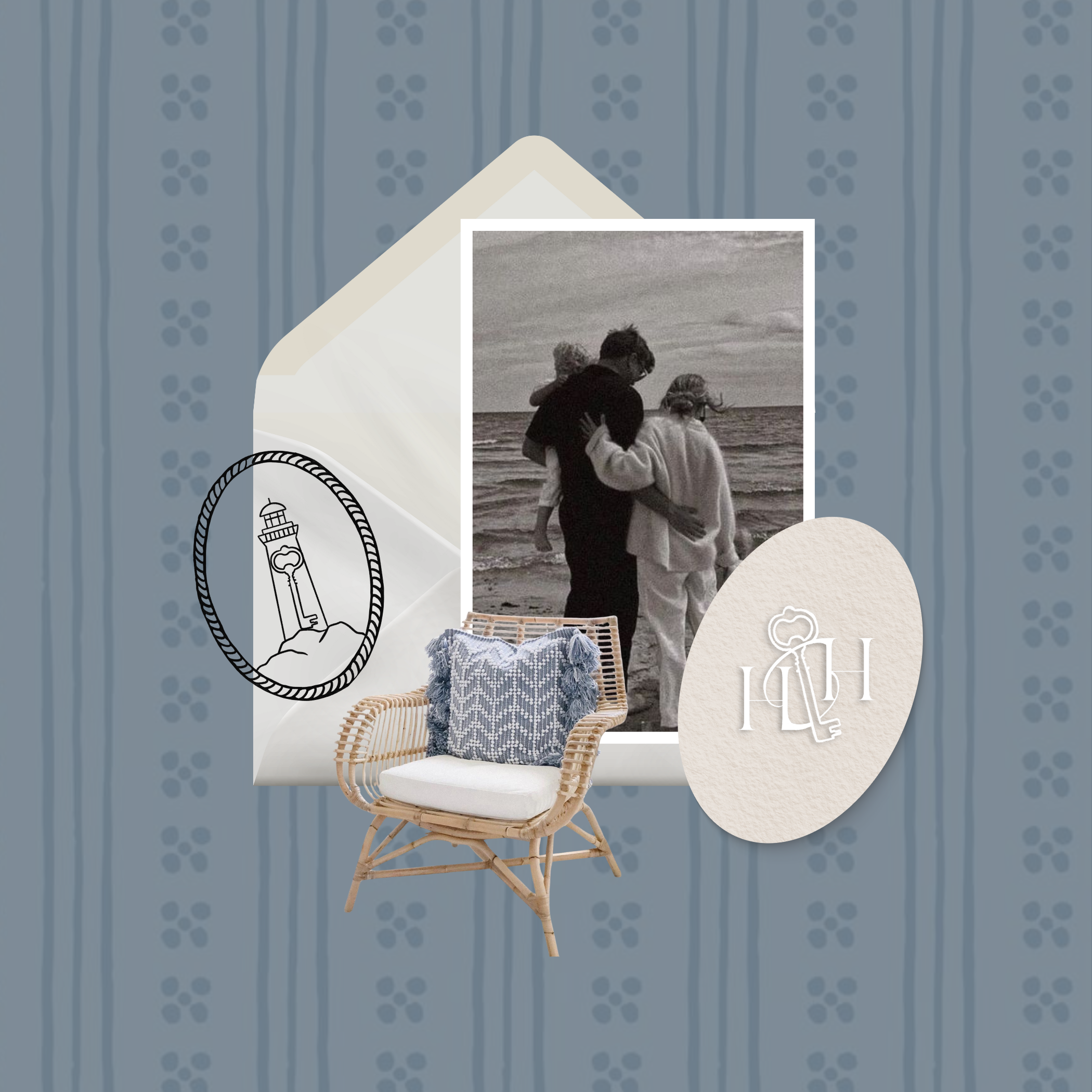 Decorative collage with a framed black-and-white photo of a couple on the beach, a wicker chair with blue pillow and white cushion, nautical-themed stickers including a lighthouse and monogram, set against a blue patterned background.
