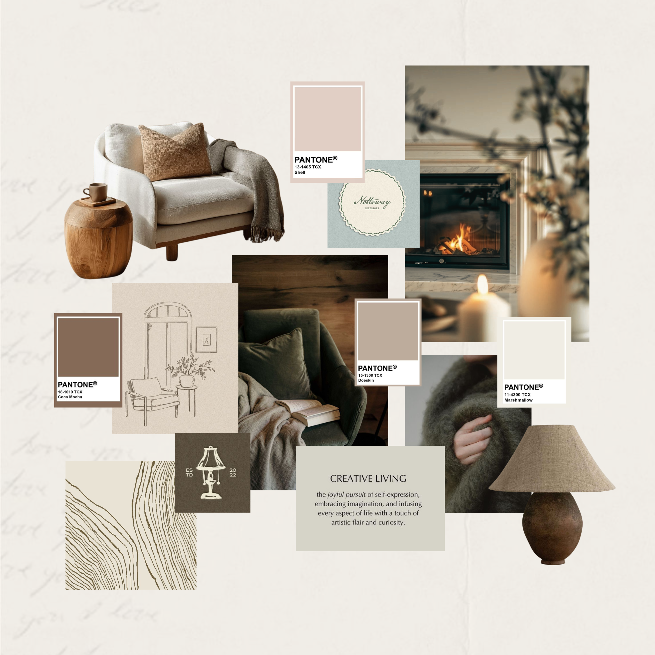 A mood board featuring neutral-toned interior decor elements, including a white armchair with a beige pillow, a wooden side table with a mug, a cozy green chair with a blanket and book, a fireplace, candles, and various color swatches and sketches, emphasizing a warm, inviting, and creative living space.