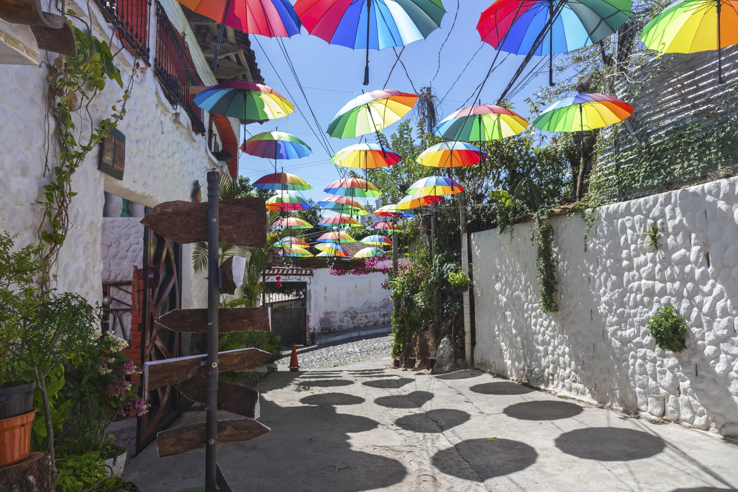 Colorful umbrellas hanging overhead in a sunlit alleyway with white stucco walls and lush greenery.