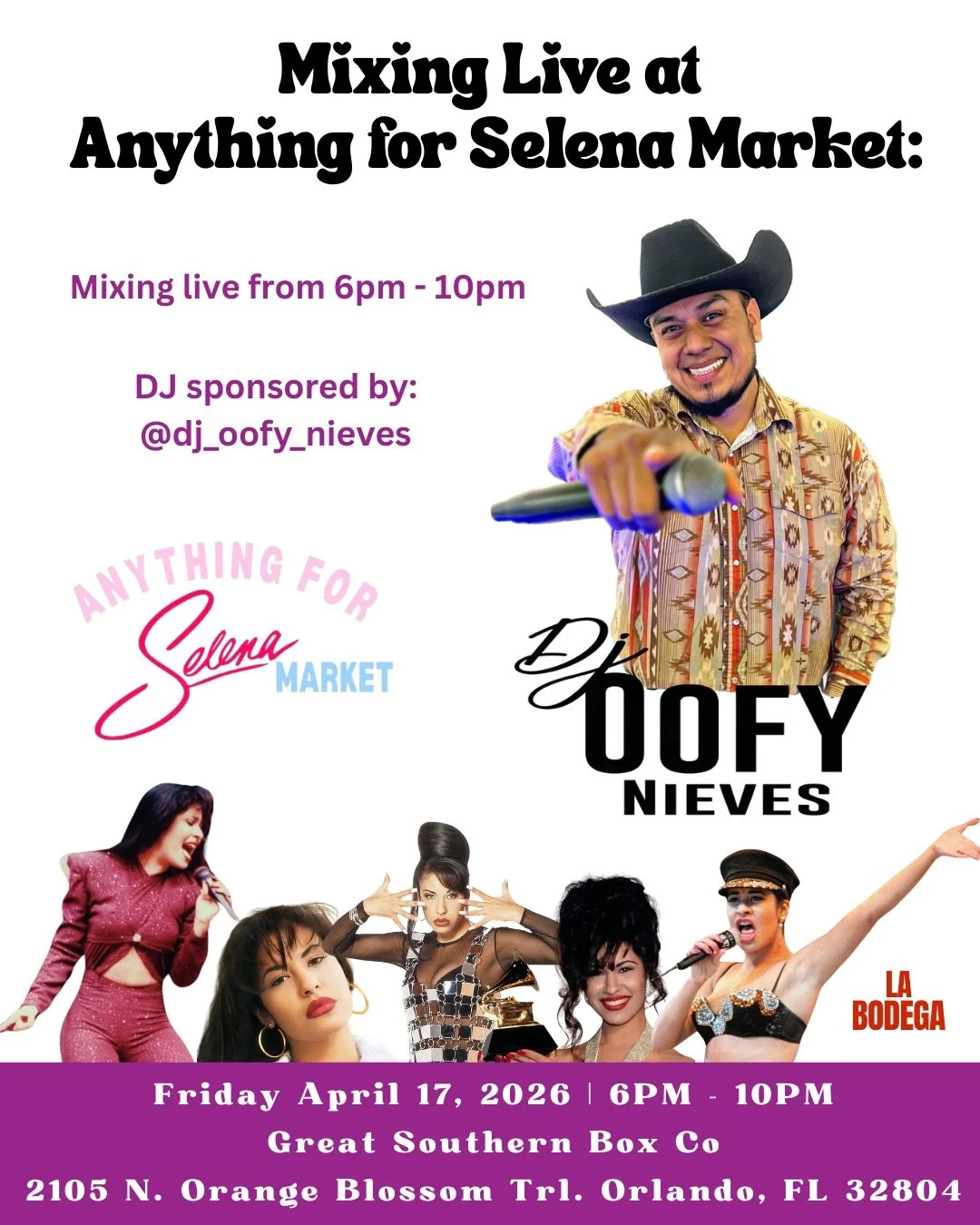 ORLANDOOOOO 💃🏽🔥

We&rsquo;re turning up the vibes for Anything for Selena Market and it&rsquo;s about to be a whole PARTY 🎤✨

From 6PM&ndash;10PM we&rsquo;ve got LIVE mixing by @dj_oofy_nieves keeping the energy high all night long 💿🔥
You alrea