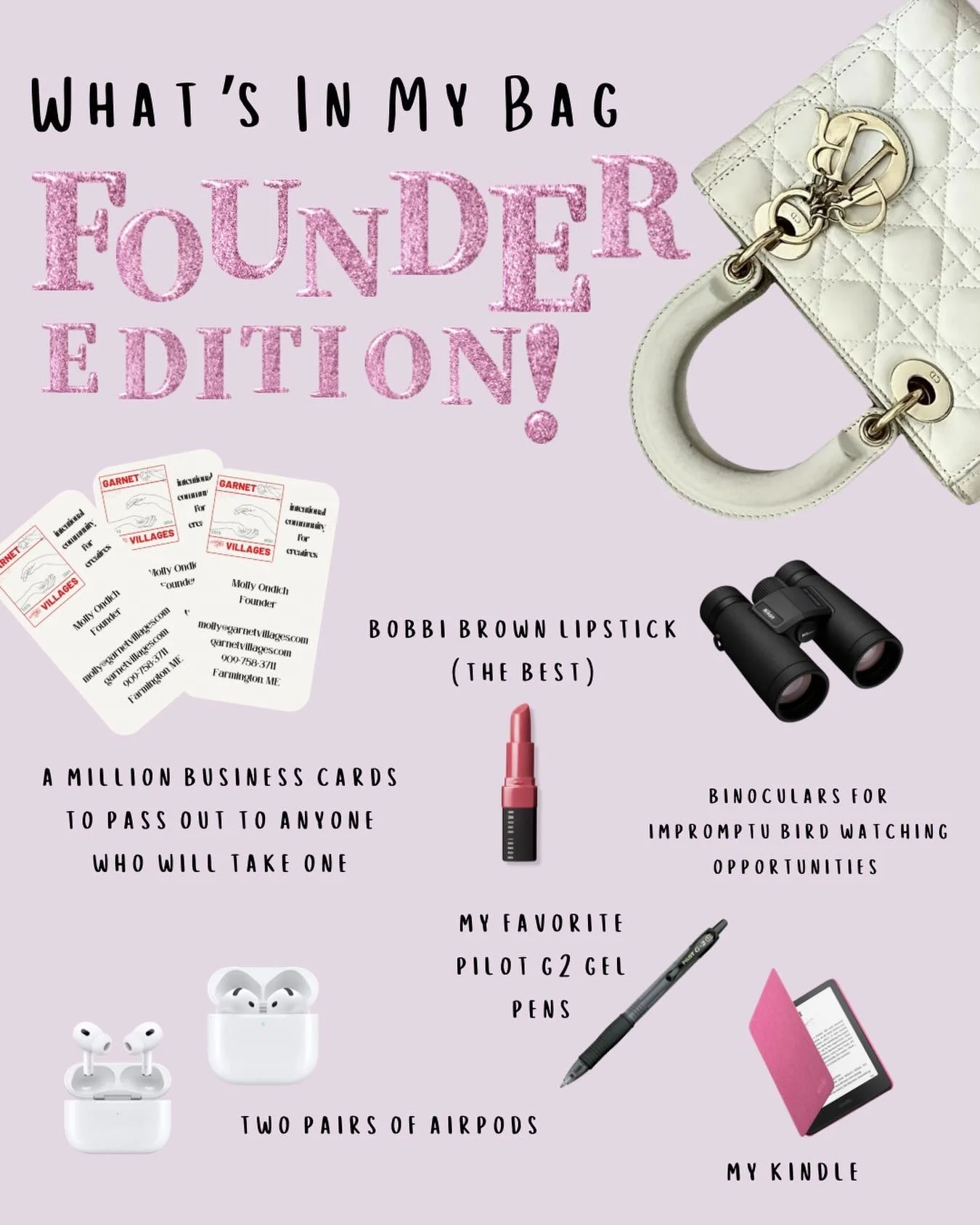 What&rsquo;s in my bag, founder edition 🎨🖌️✍️ 
 In all actuality my bag is a million pounds and holds practically my entire life in it while I schlep around Farmington, but these are the highlights!