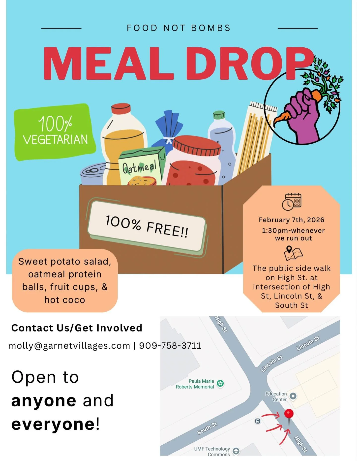 Come hang with the village on February 7th and enjoy some free vegetarian food! If you&rsquo;re interested in volunteering for this drop (or a future drop) please reach out! 🥕🏘️🍽️