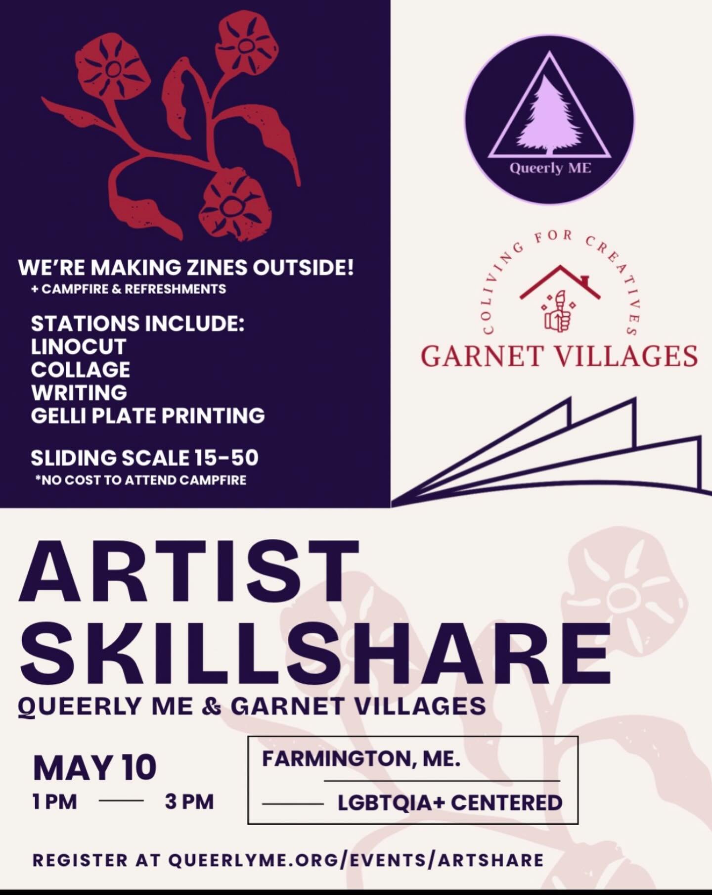 At Garnet Villages, we believe creativity is something to practice in community.

That&rsquo;s why we are thrilled to be collaborating with Queerly ME for an Artist Skill Share event.

Move between linocut, collage, creative writing, and gelli plate 