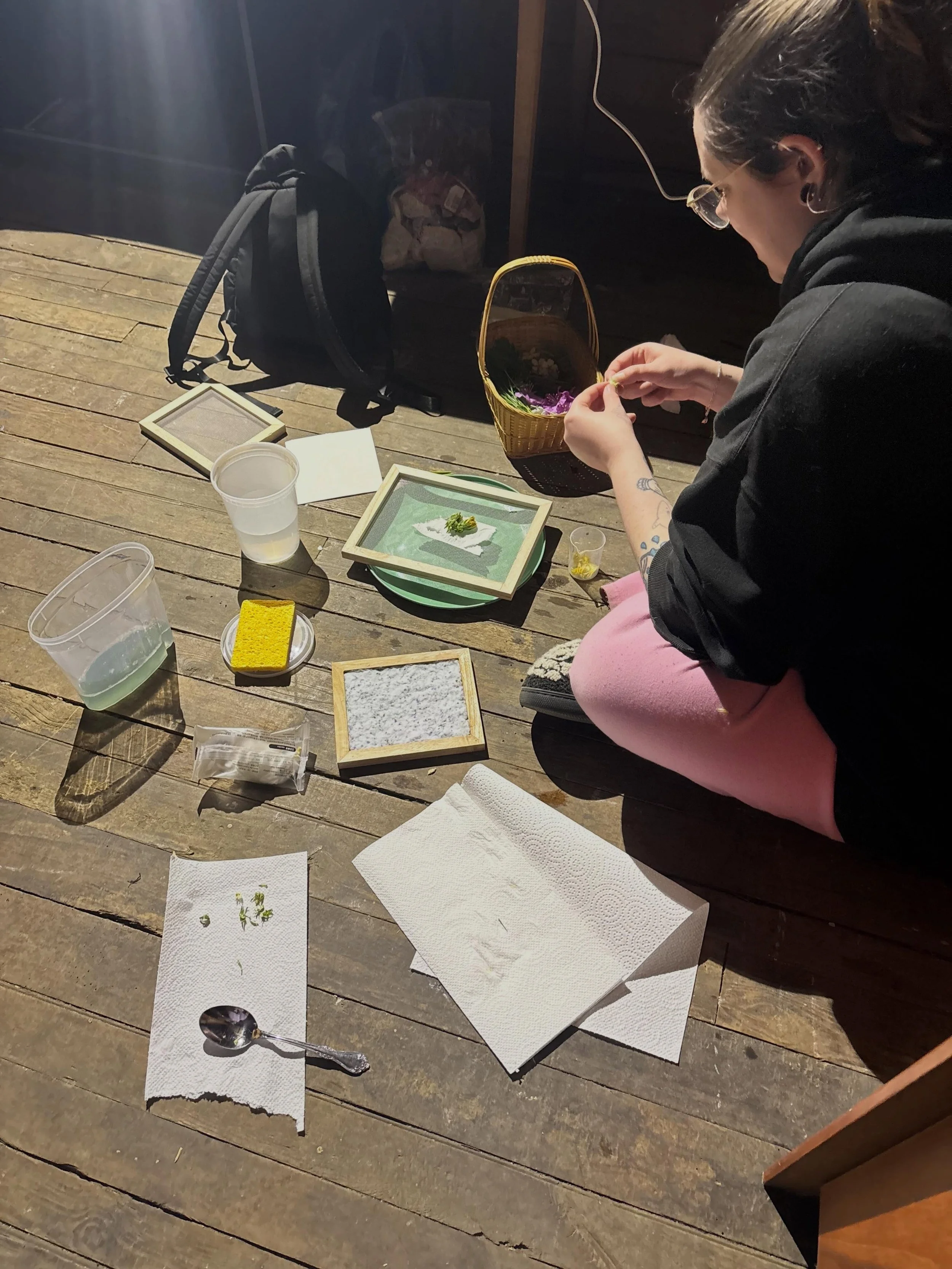 Late nights in the studio are some of my favorite adventures at Garnet Villages. Today, a forage around our property produced flowers that we turned into paper.