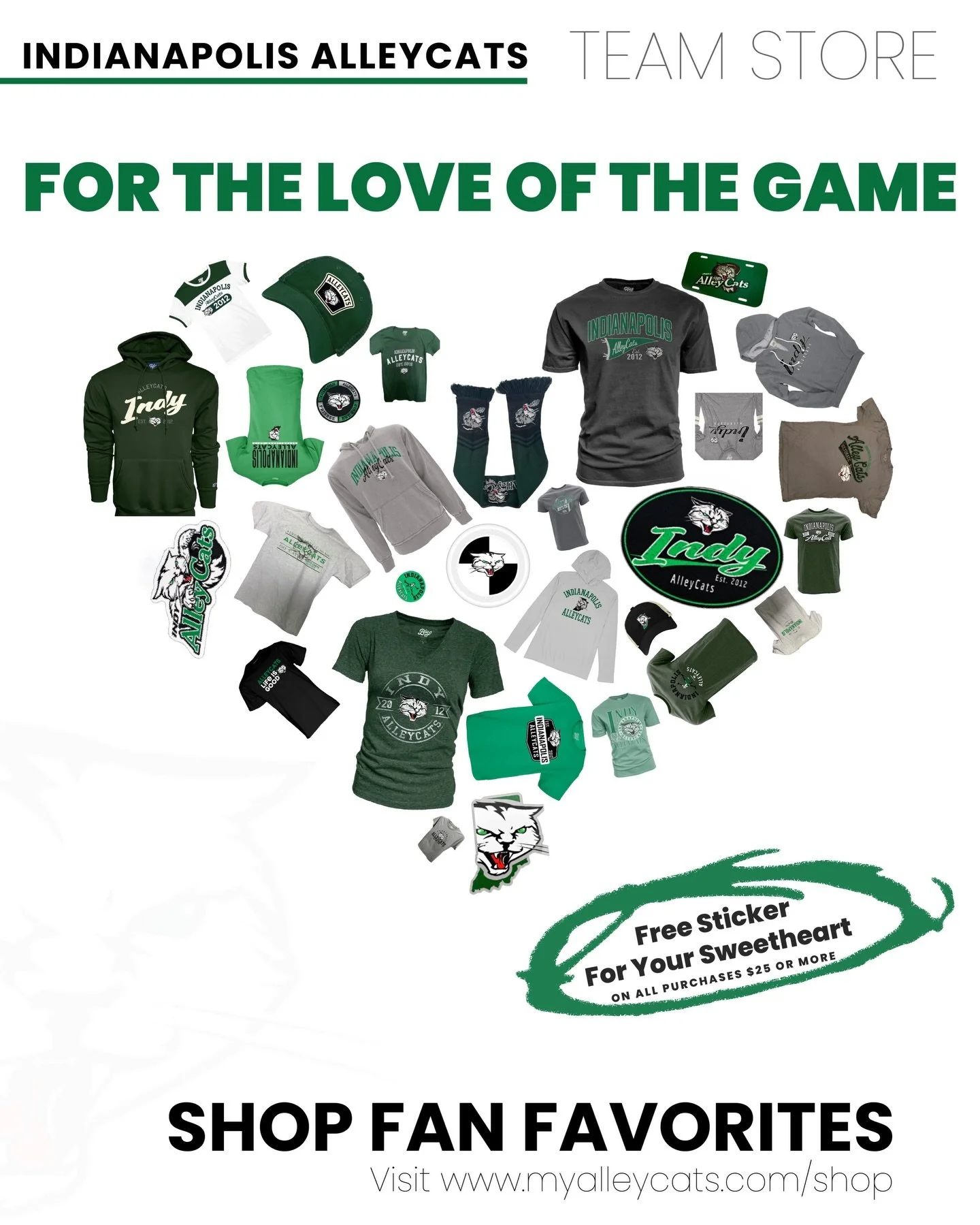 For the love of the game 🖤💚 Rep the Indy Alleycats wherever you go! 

Shop fan favorites now through February 14th &mdash; and score a FREE sticker on orders $25 or more! 

🔗 myalleycats.com/shop