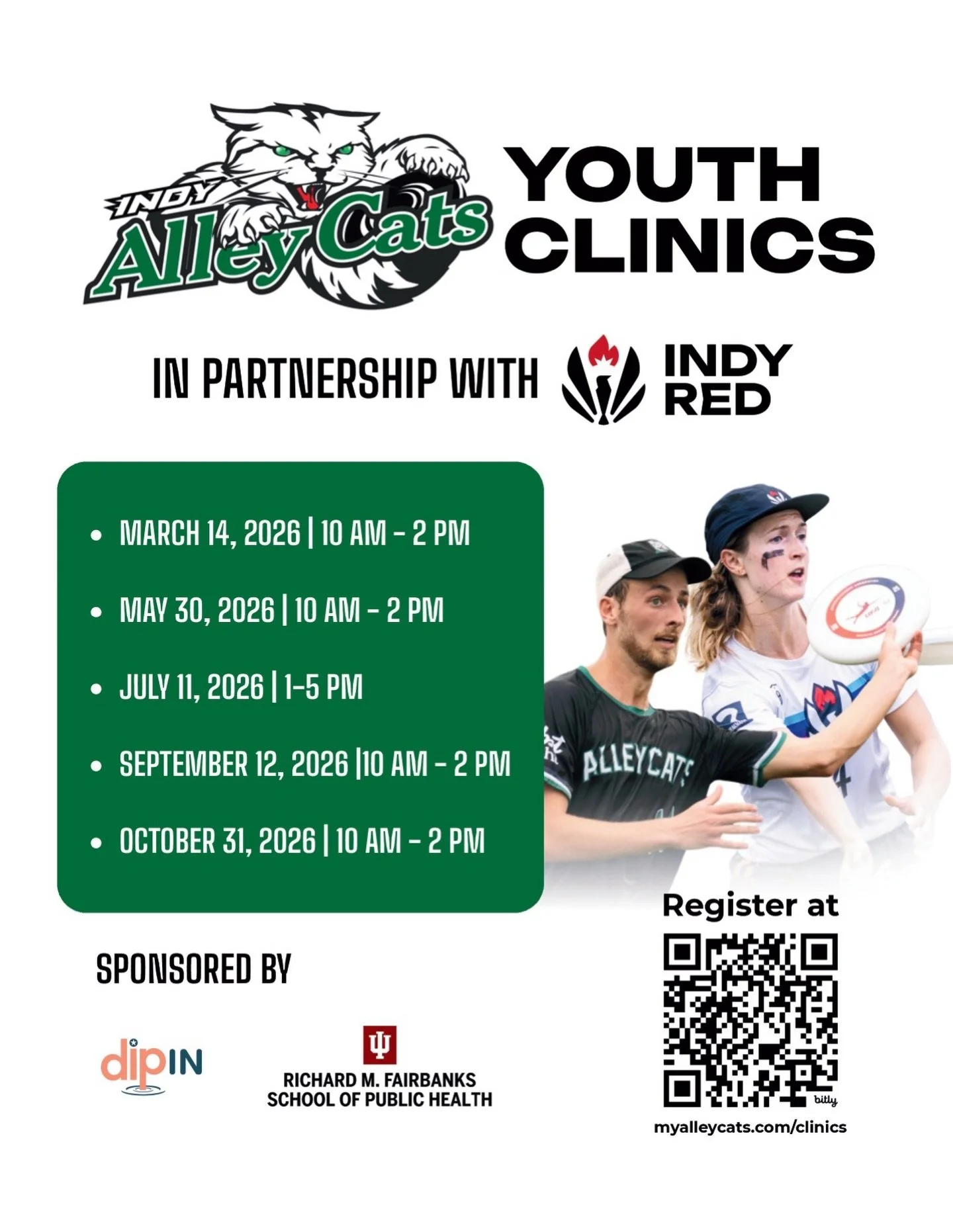 Youth Clinics are back for 2026 in partnership with Indy Red and the Indiana Ultimate Foundation - bringing elite coaching, skill development, and ultimate fun to the next generation of athletes! 

Spots are limited. Register now at myalleycats.com/c