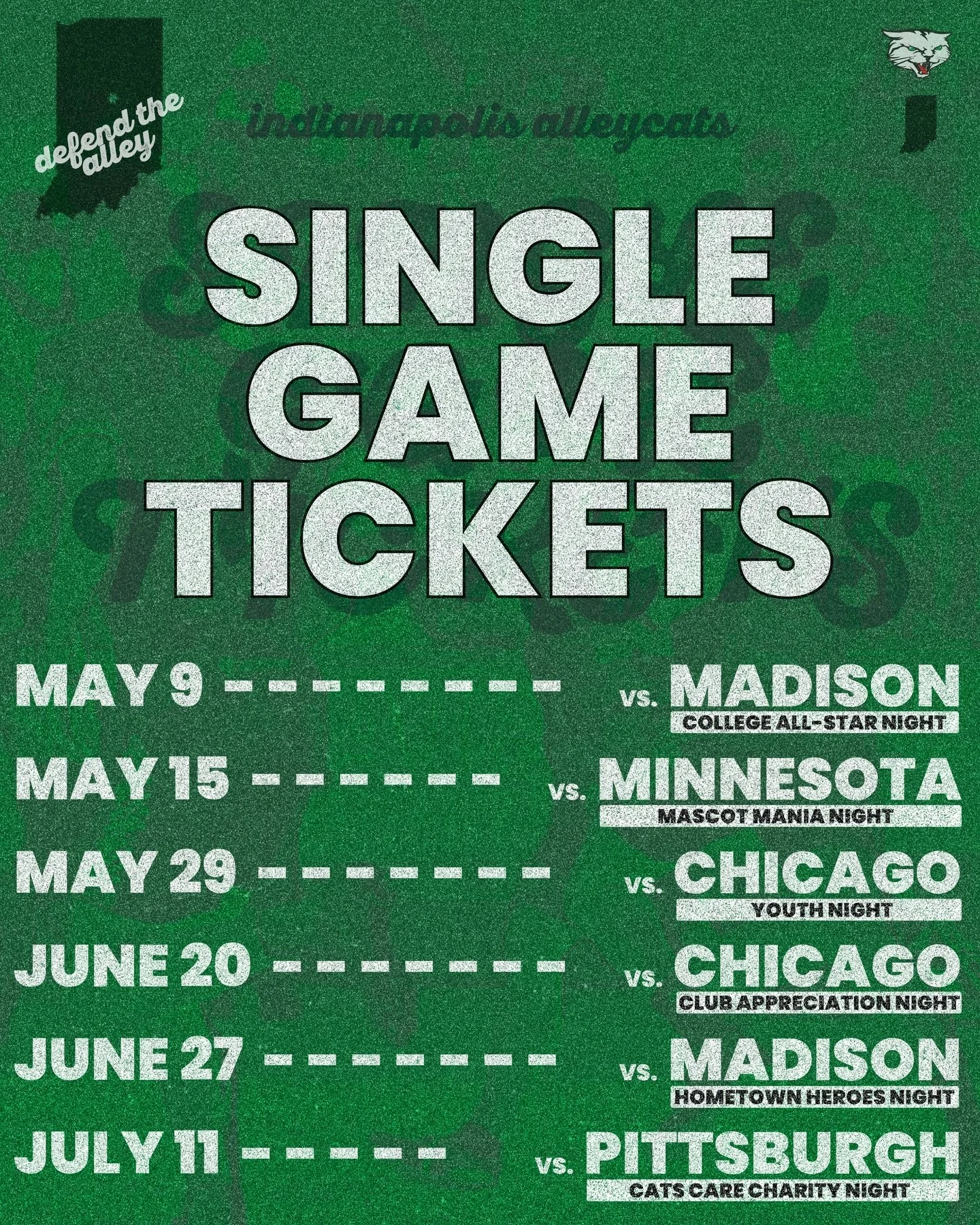 Defend the Alley this season, your seat is waiting! 🟢⚪️

Tickets to every game are available at www.myalleycats.com/all-tickets (Link in Bio 🔗)