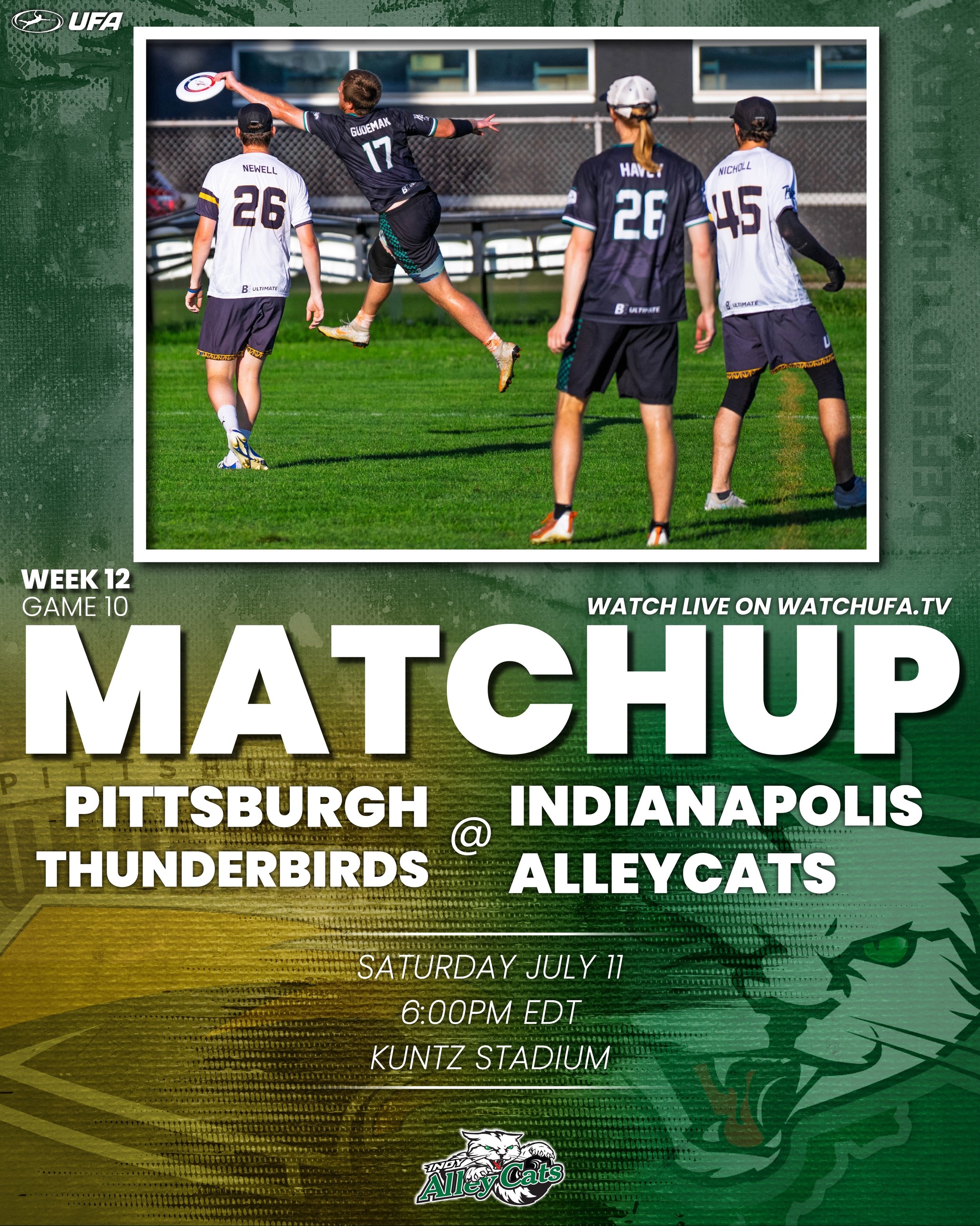 The Thunderbirds come to town this Saturday to take on your Indianapolis Alleycats in our first meeting this season with Pitt! It's FAN APPRECIATION NIGHT, so round up everyone you know and bring them to our final regular season home game of 2026! Te