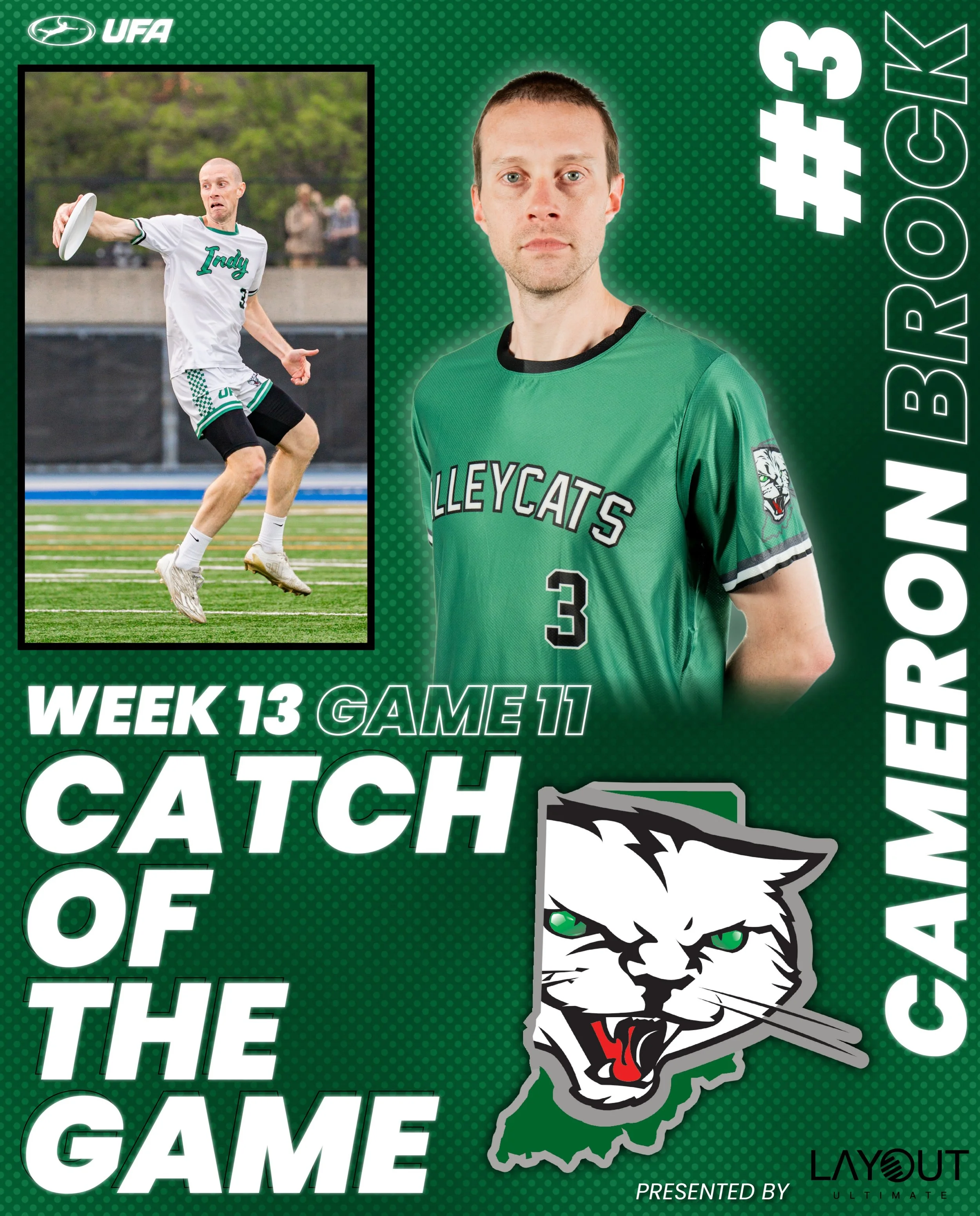 Cameron Brock leaves the stadium speechless after a ridiculous grab to keep the disc alive. The drive resulted in an Alleycats score to Carter Hawkins. Way to keep your eye on the ball Cam!