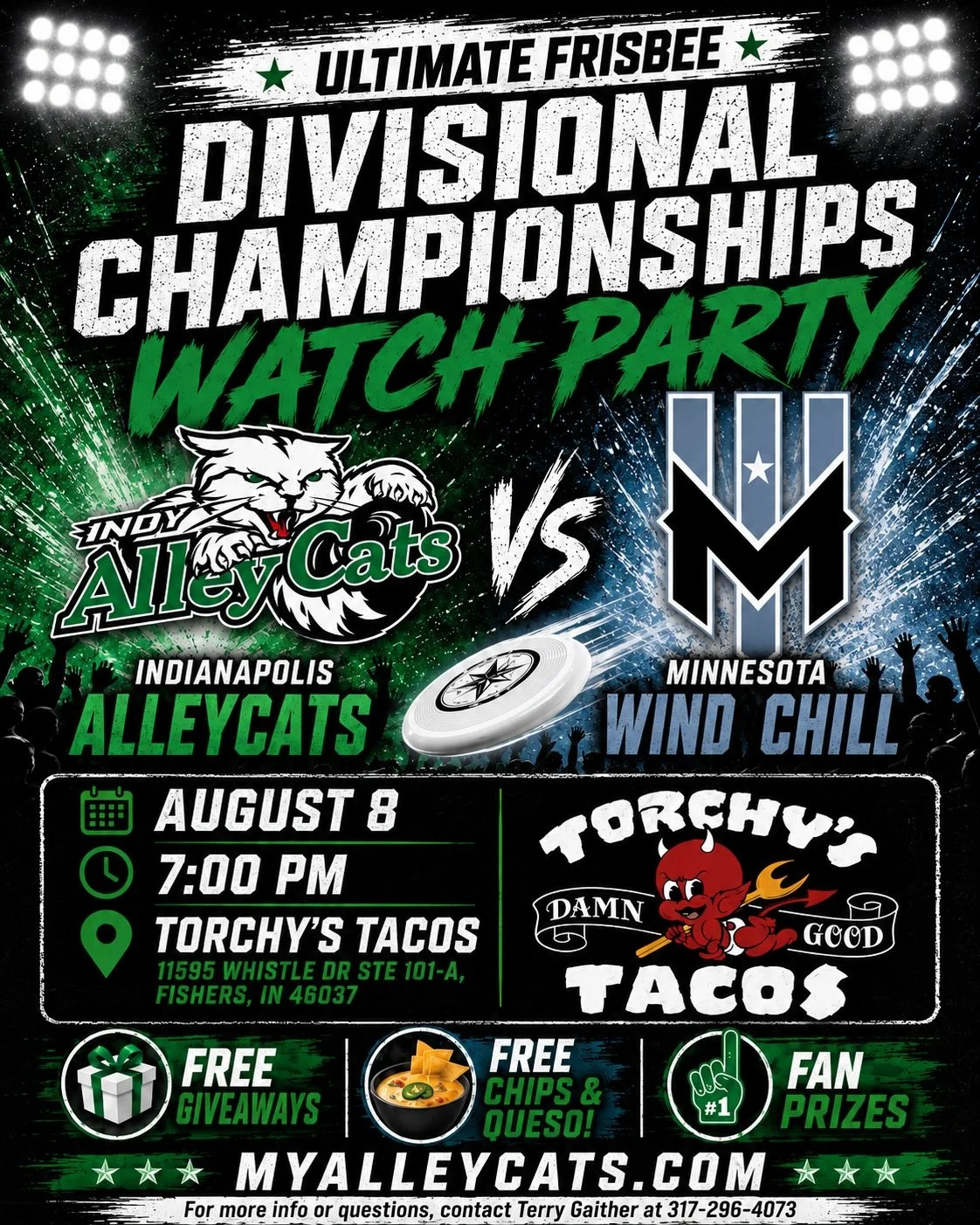 🔥 🚨 WATCH PARTY ALERT 🚨 🔥 

Join us this Saturday at Torchy's Tacos in Fishers, Indiana for the Divisional Championship Watch Party, as our Indianapolis Alleycats battle it out against the Minnesota Wind Chill! 

&bull; Free chips &amp; queso 
&b