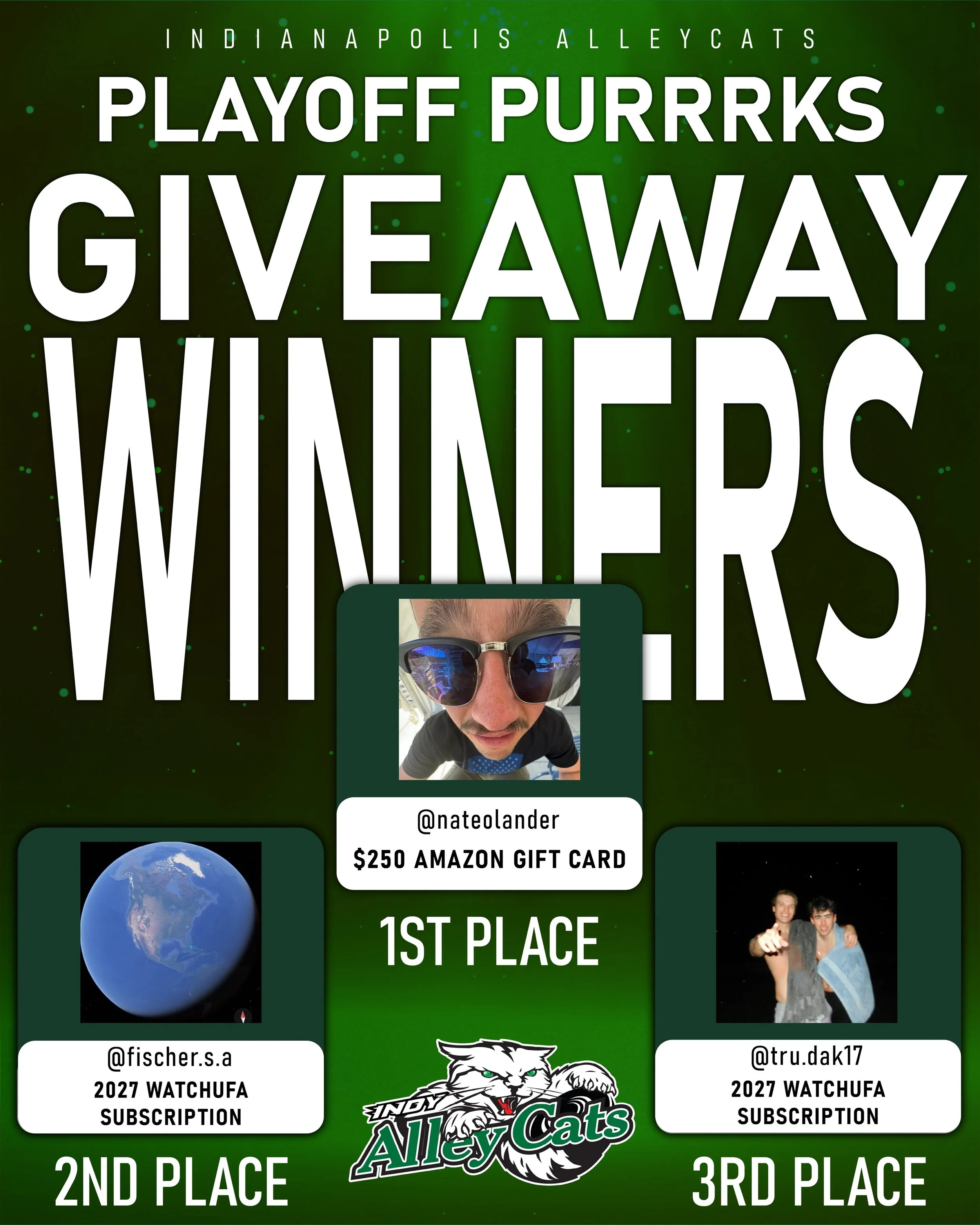 The WINNERS are in for the Playoff Purrrks Giveaway and some Cats just got a little luckier!

Congratulations to these Alleycats' fans!

🥇 @nateolander - $250 Amazon Gift Card
🥈 @fischer.s.a - 4 Month watchUFA subscription 
🥉 @tru.dak17 - 4 Month 