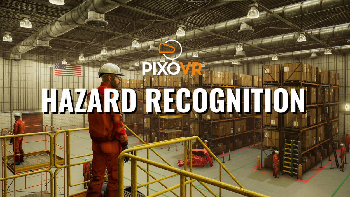 Warehouse interior with workers wearing safety gear, large shelves filled with boxes, and the text 'Hazard Recognition' with the Pixovr logo.