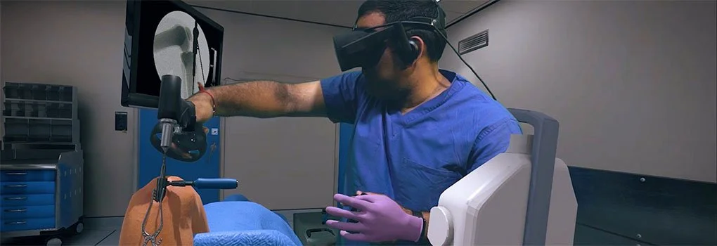 A surgeon wearing scrubs, a virtual reality headset, and purple gloves operating on a patient with robotic surgical tools in a medical setting.