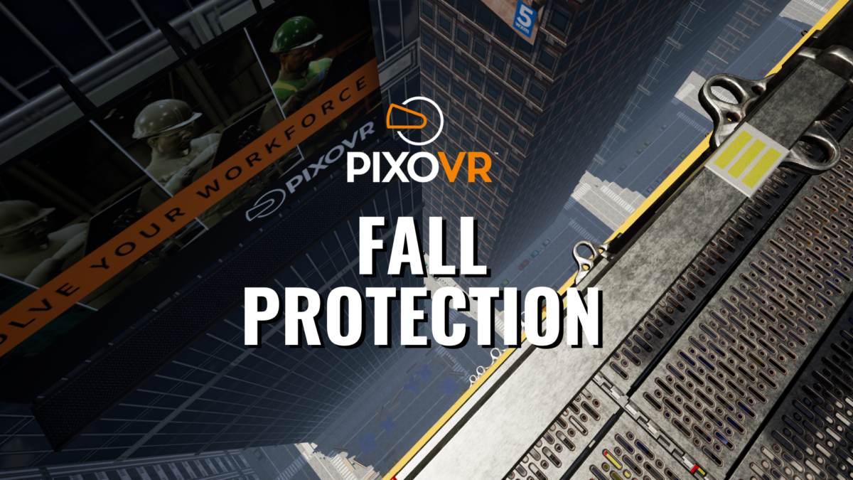 City rooftop with safety equipment and logos for PIXOVR and WORKFORCE, promoting fall protection