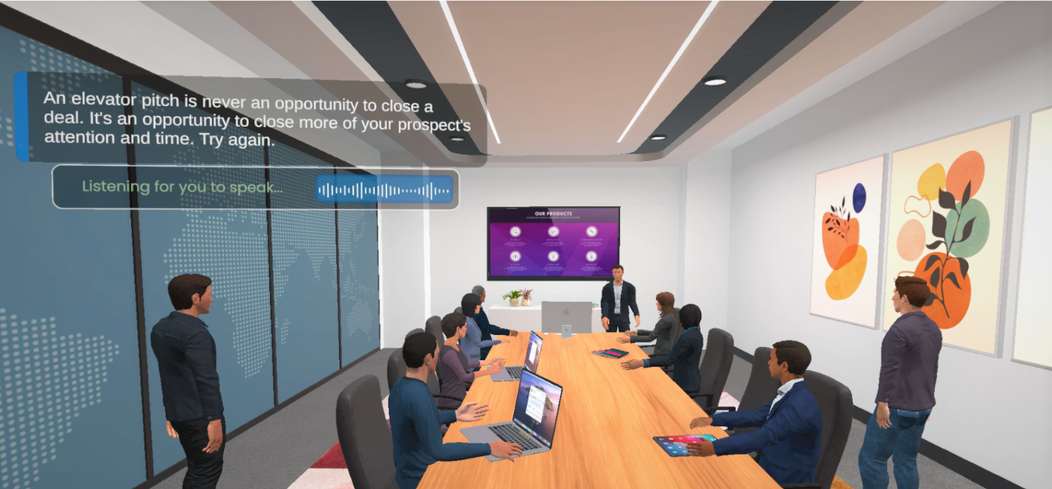 A virtual meeting room with eleven people, some using laptops. A presenter stands in front of a screen displaying 'Our Products,' and there are three abstract art pieces on the wall. A speech bubble indicates a hearing issue, and a message warns abou