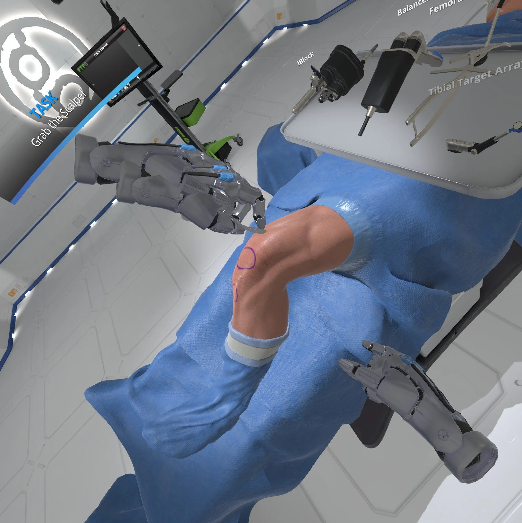 A robotic surgeon with human-like robotic arms performing an operation on a patient's knee inside a sterile medical environment. The surgeon is guided by a screen displaying task instructions.