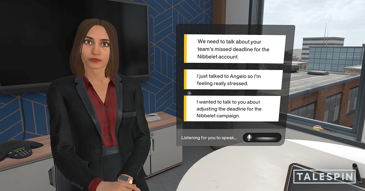 Virtual meeting with a woman in business attire, sitting in a modern office, with options for dialogue on the screen about team deadlines and stress.