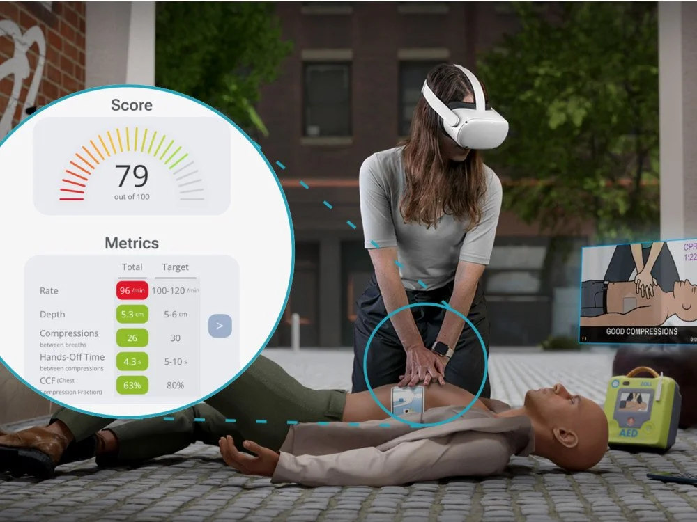 Woman practicing CPR on a mannequin during a training session, with a virtual reality headset on and digital metrics displayed on screen.