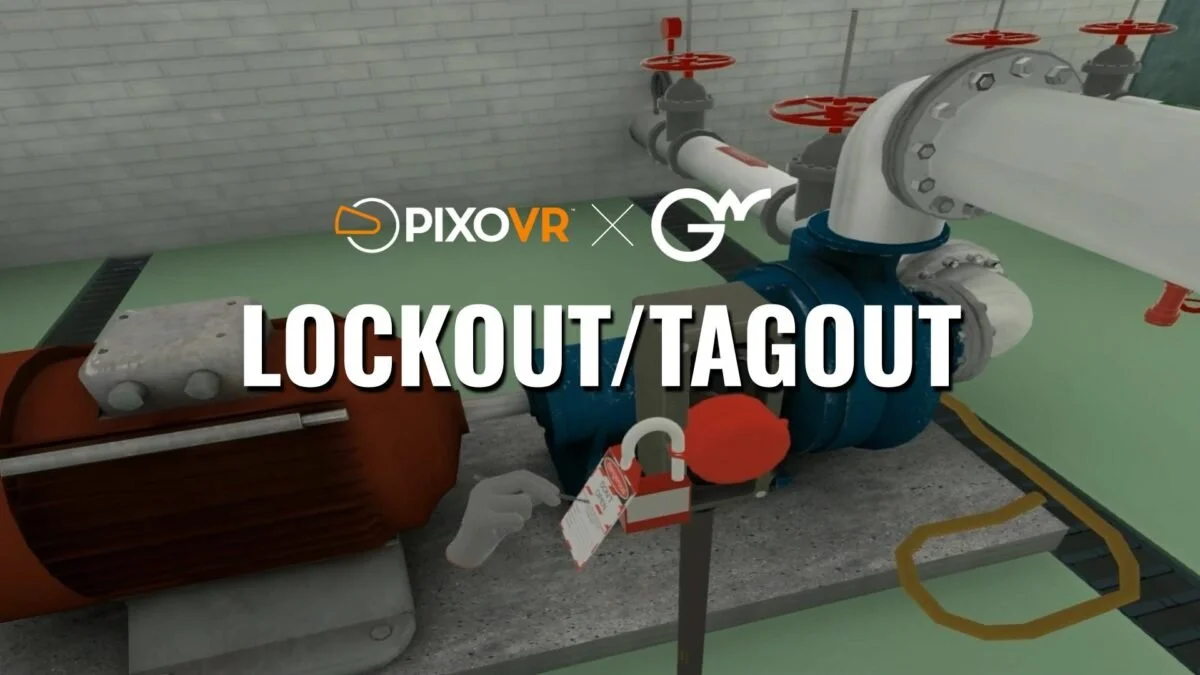 A valve with a lock and tag on it in an industrial setting, with water pipes and machinery in the background, and logos for PIXOVR and company G.