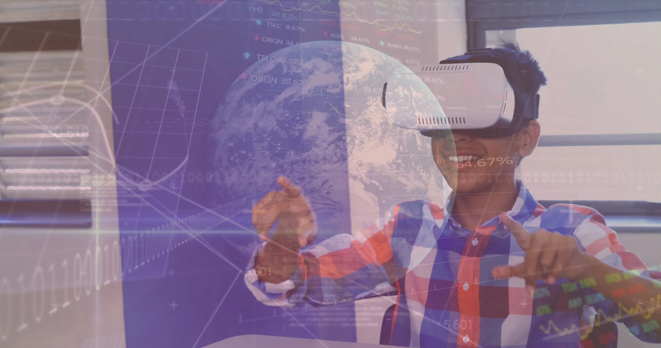 A young boy wearing a virtual reality headset interacts with a digital projection of Earth, surrounded by holographic data charts and graphs.