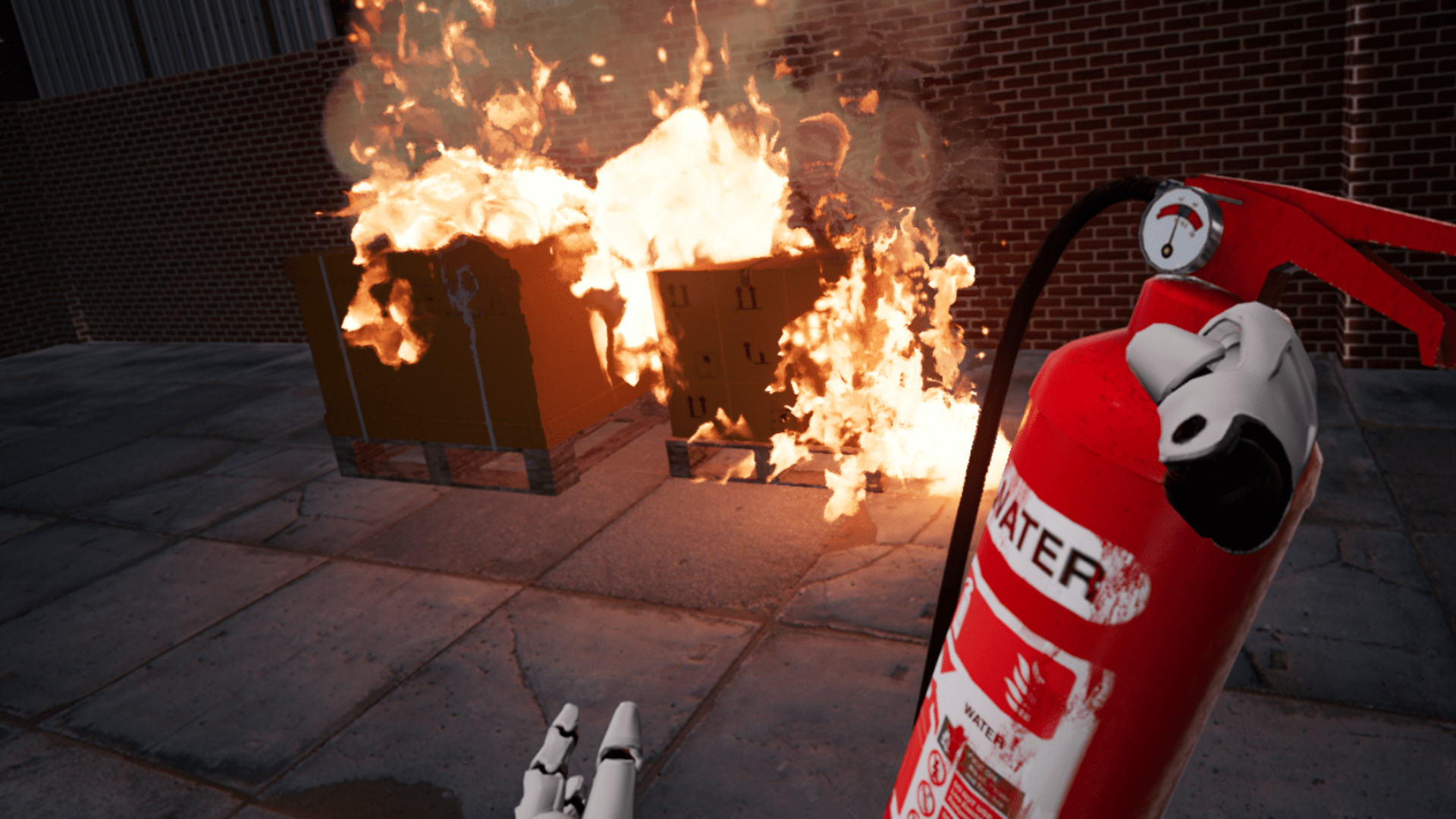 A robotic hand holding a fire extinguisher aimed at a small fire on cardboard boxes in an outdoor setting with brick walls, with flames and smoke coming from the boxes.